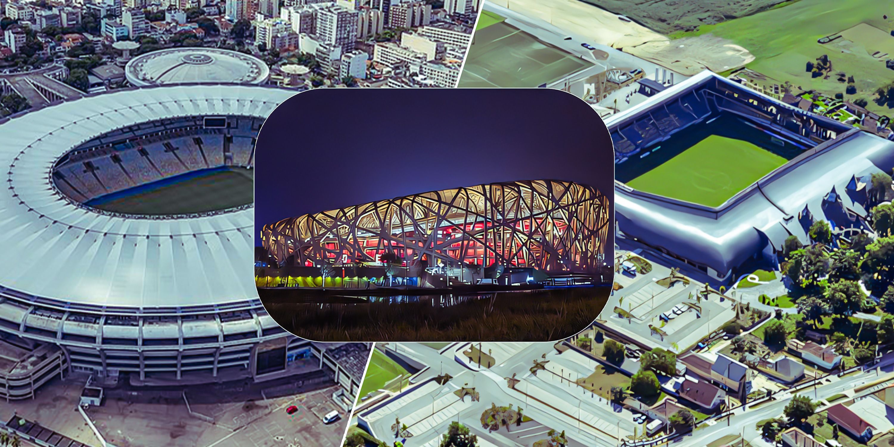 Birds Nest Stadium (China, lit up at night), Maracana, and Pancho Arena - Outside shots of stadiums