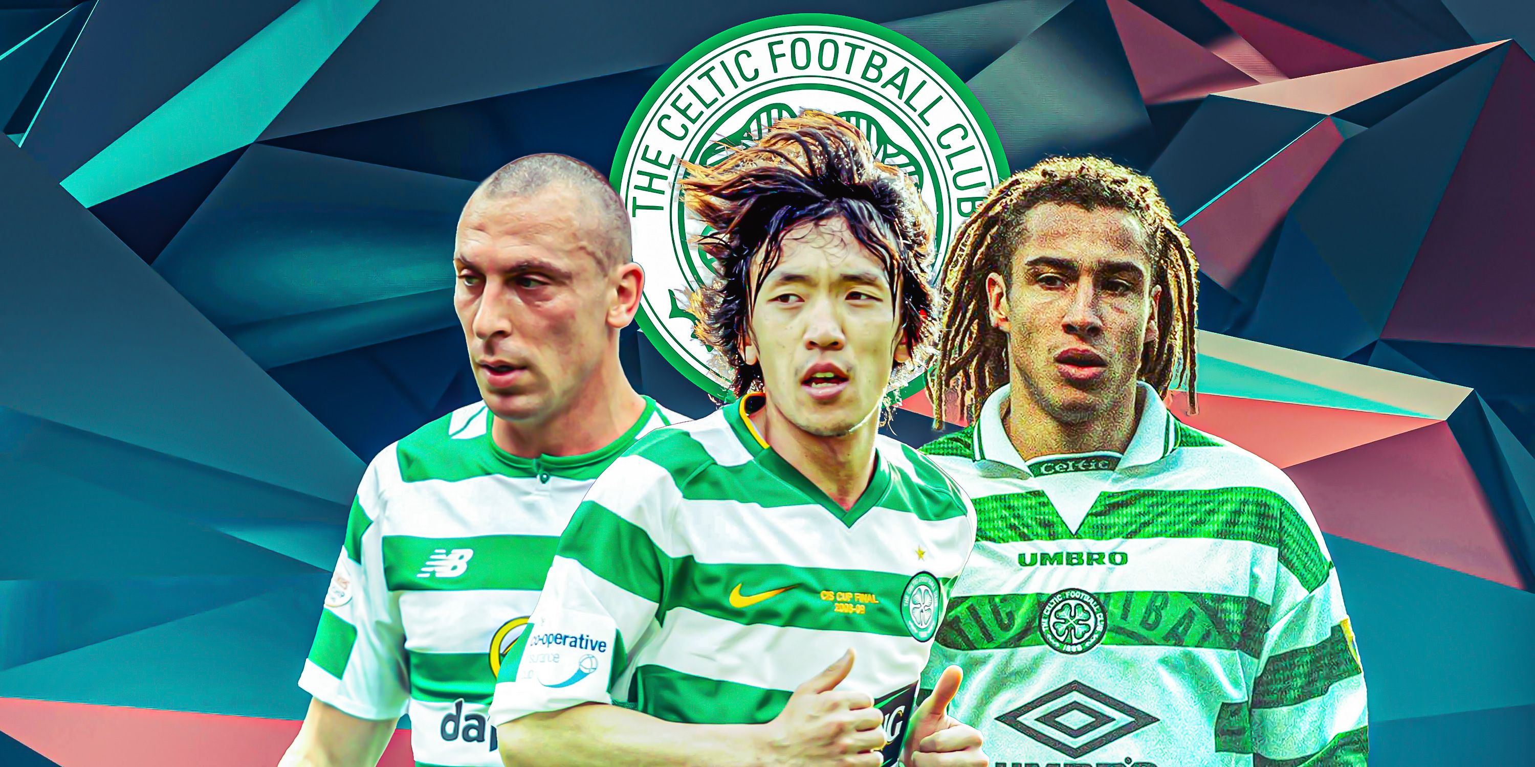 Shunsuke Nakamura, Henrick Larsson, Scott Brown all in Celtic kit with Celtic theme/logo background