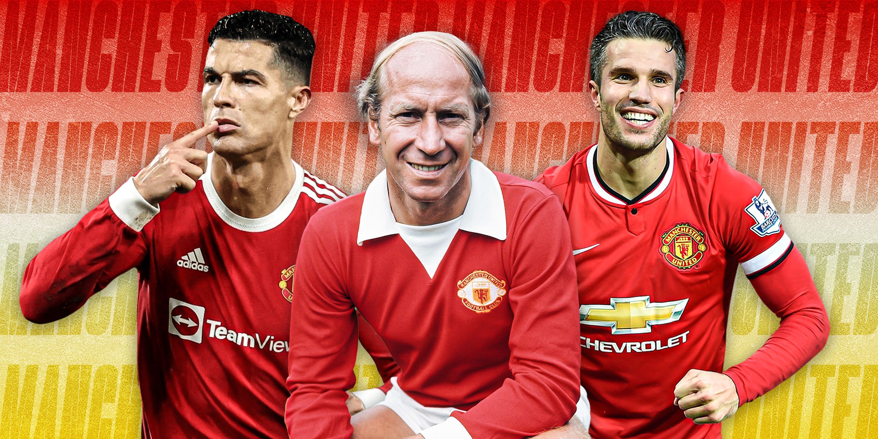 Cristiano Ronaldo, Robin Van Persie, Sir Bobby Charlton - all in Man Utd kit