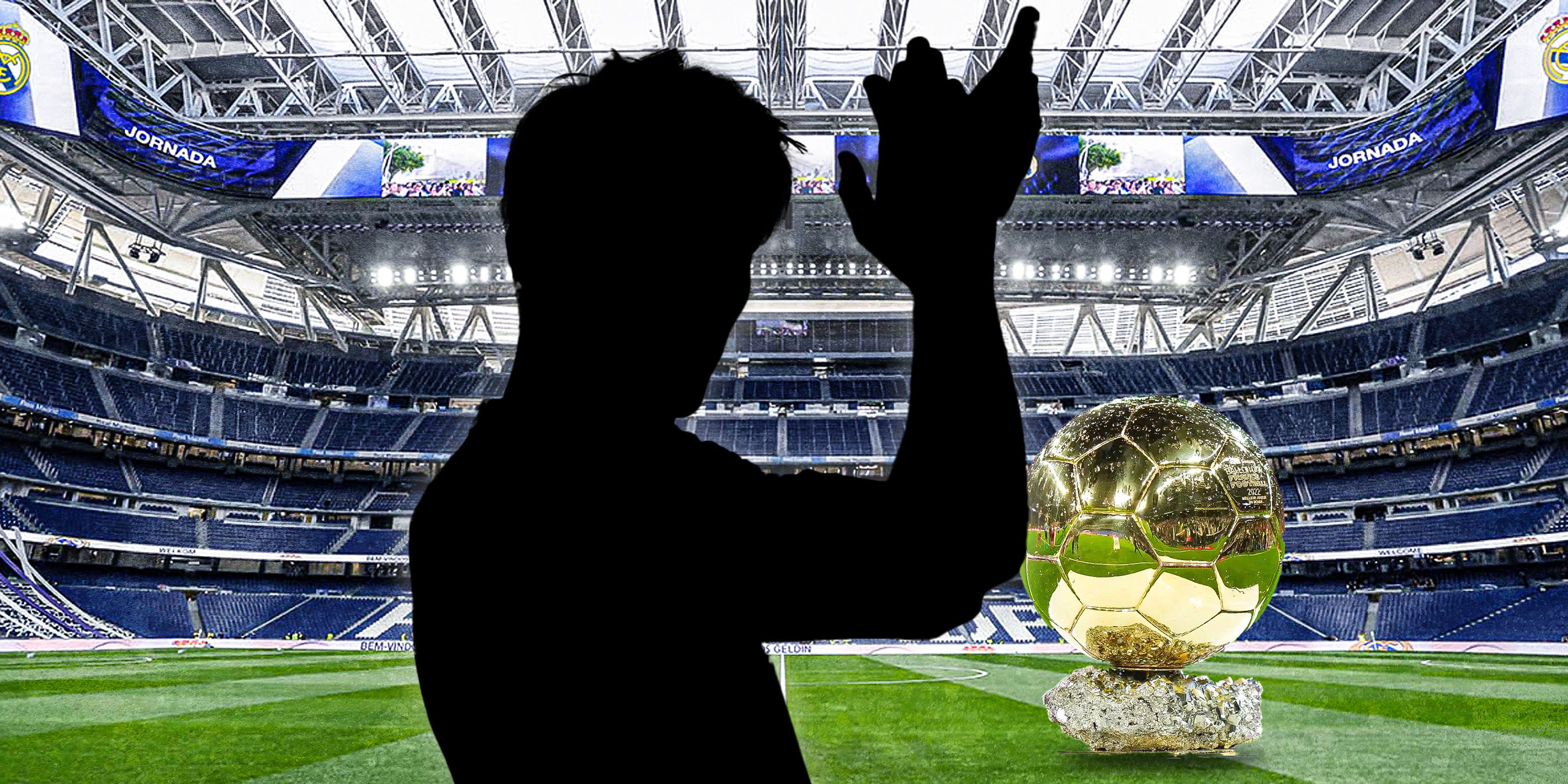 A silhouette of Martin Odegaard at Real Madrid at the Bernabéu Stadium with the Ballon d'or