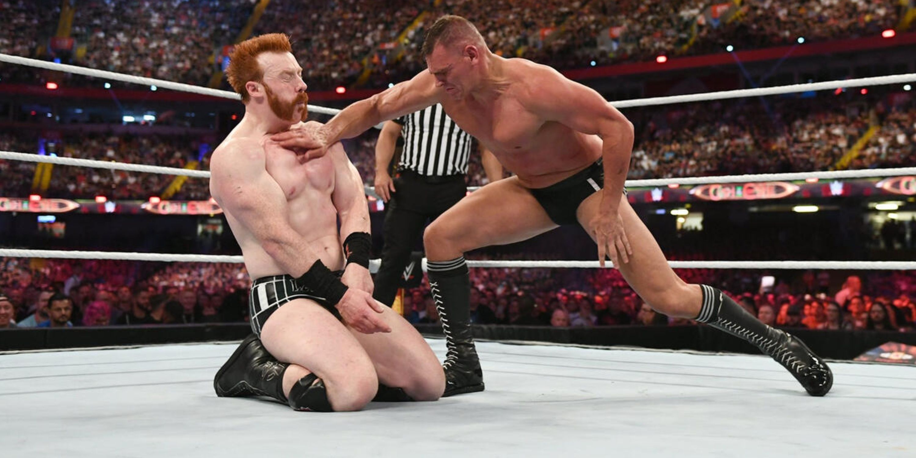 GUNTHER delivering a vicious chop to Sheamus at Clash At The Castle 2022