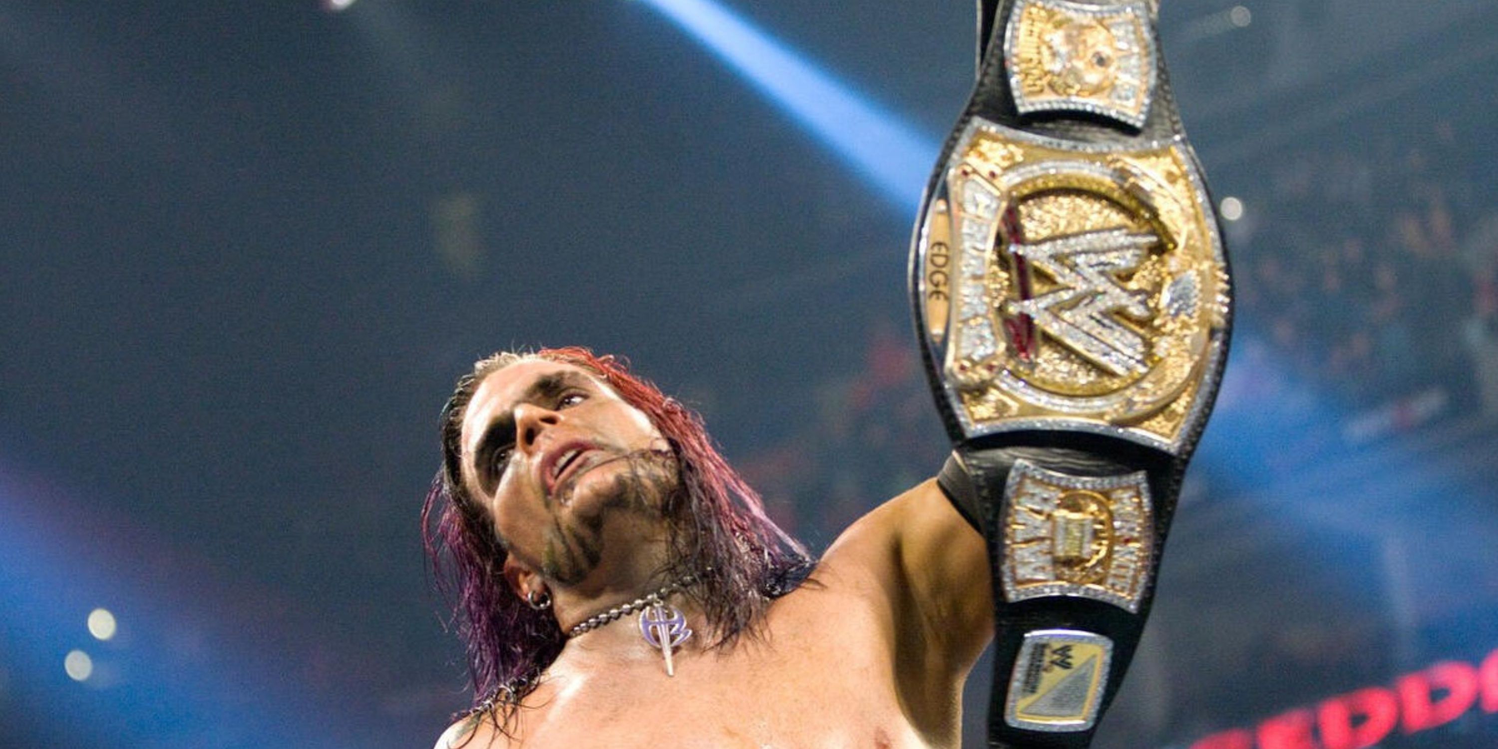 Jeff Hardy raising the WWE Championship