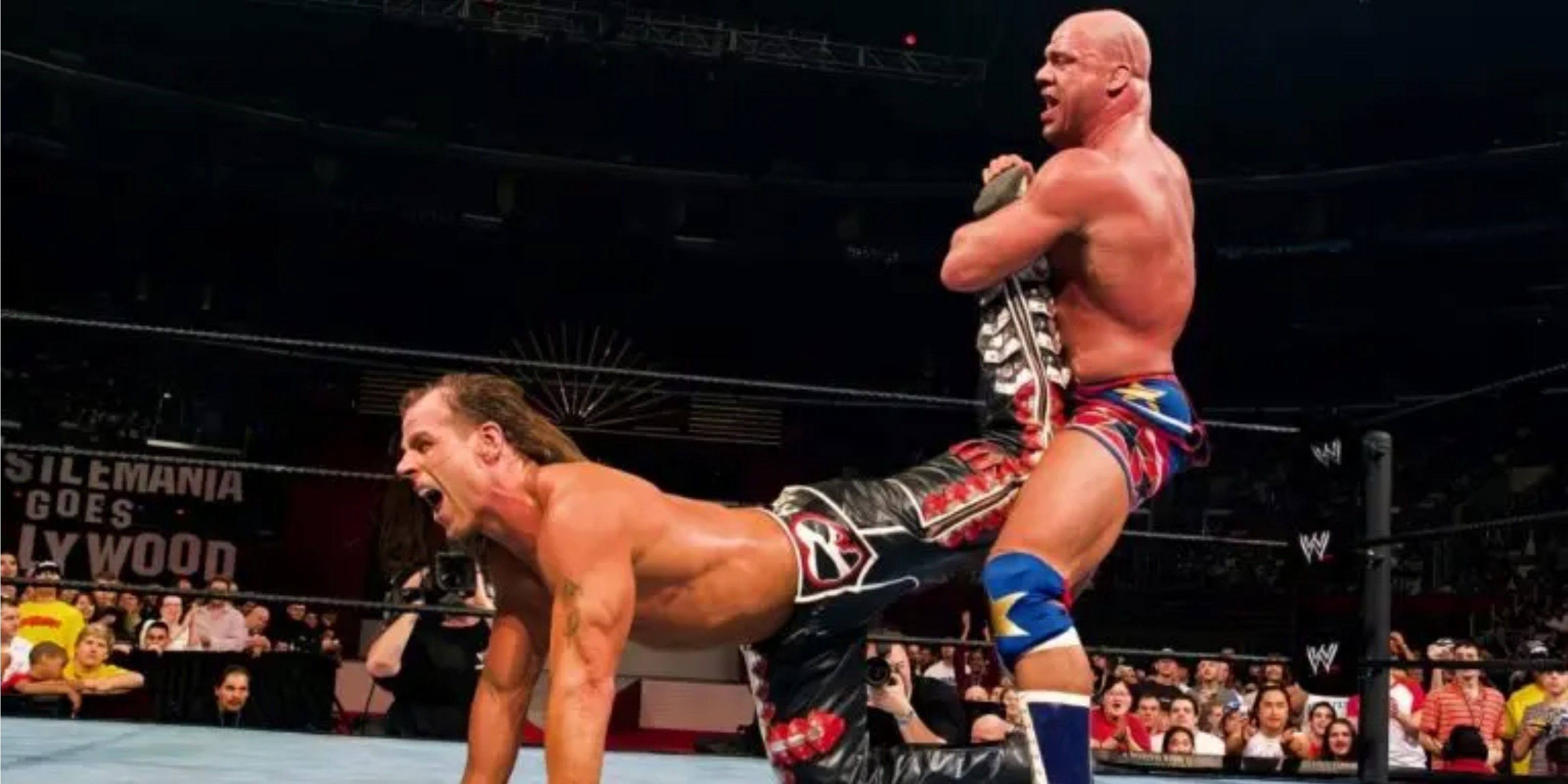 Kurt Angle applying the ankle lock to Shawn Michaels