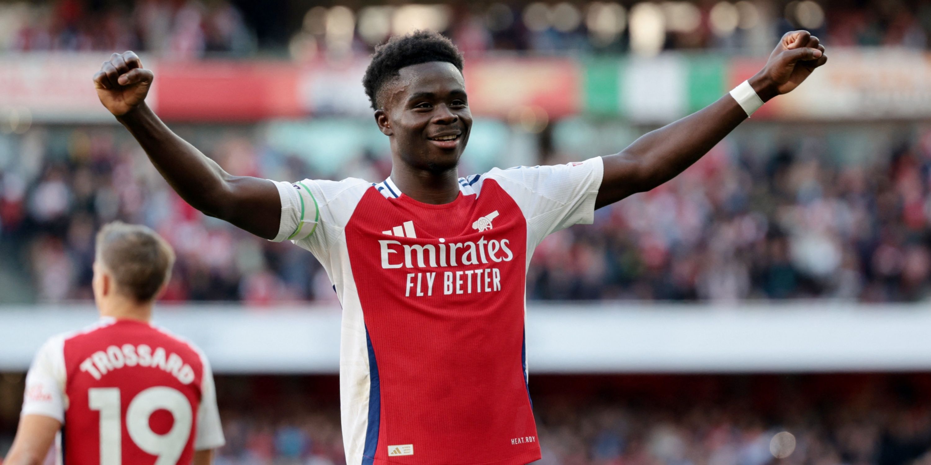 Arsenal's Bukayo Saka celebrates scoring their third goal vs Southampton.