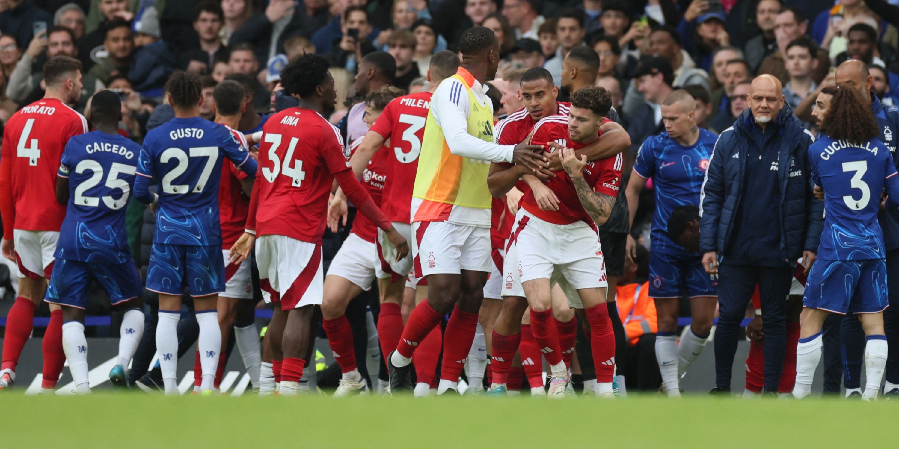 Nottingham Forest's Neco Williams reacts after clashing with Chelsea's Levi Colwill