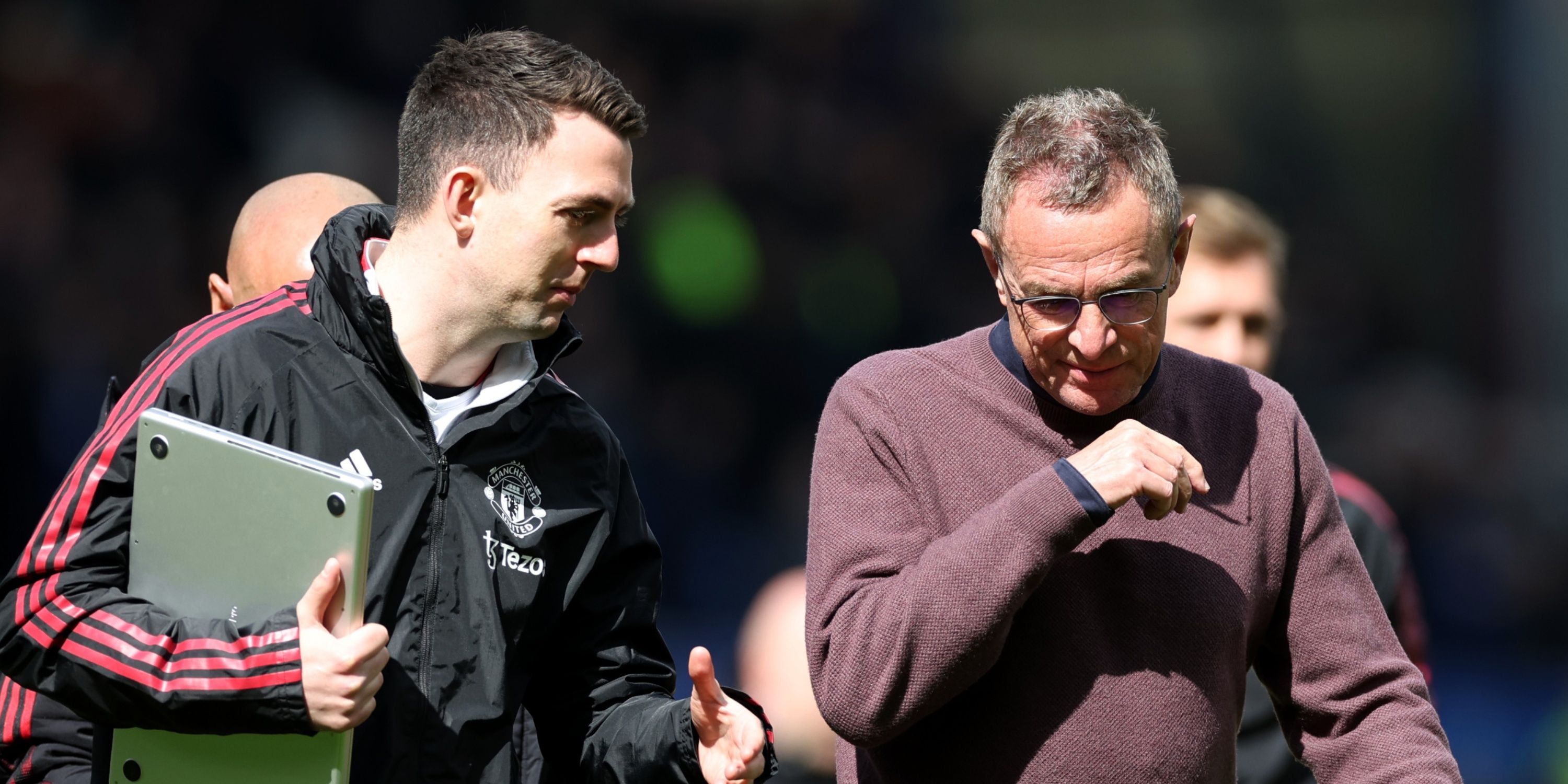 Manchester United interim manager Ralf Rangnick speaks to coach Ewan Sharp