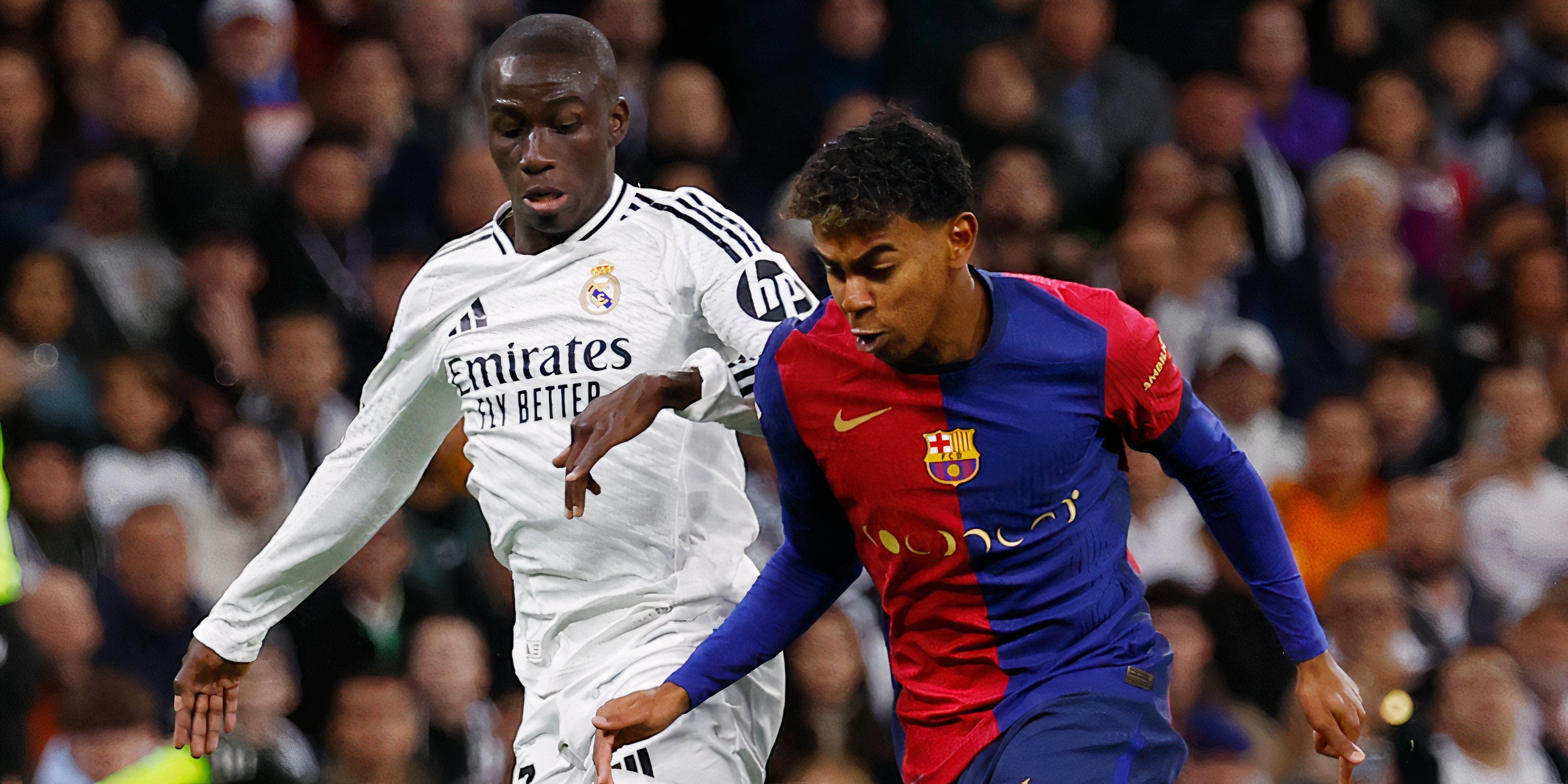 Barcelona's Lamine Yamal in action with Real Madrid's Ferland Mendy