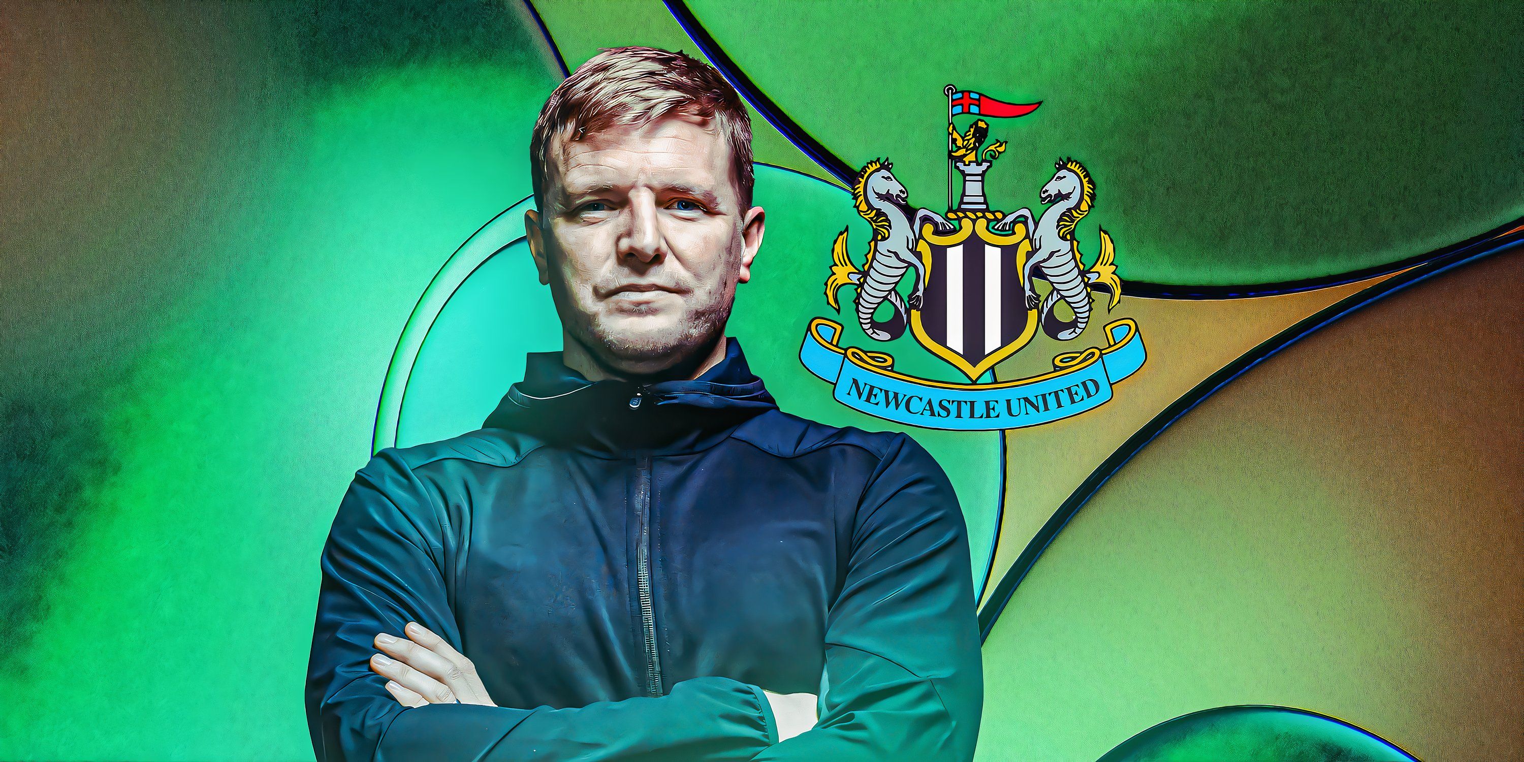 Newcastle United boss Eddie Howe in front of the Magpies' badge