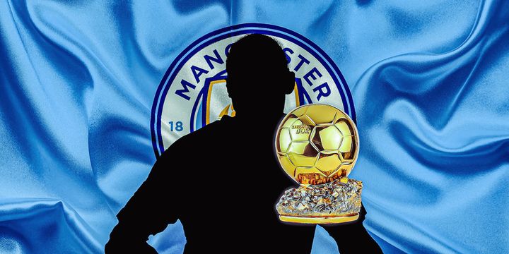 Silhouette of Hatem Trabelsi with Man City logo and Ballon d'Or