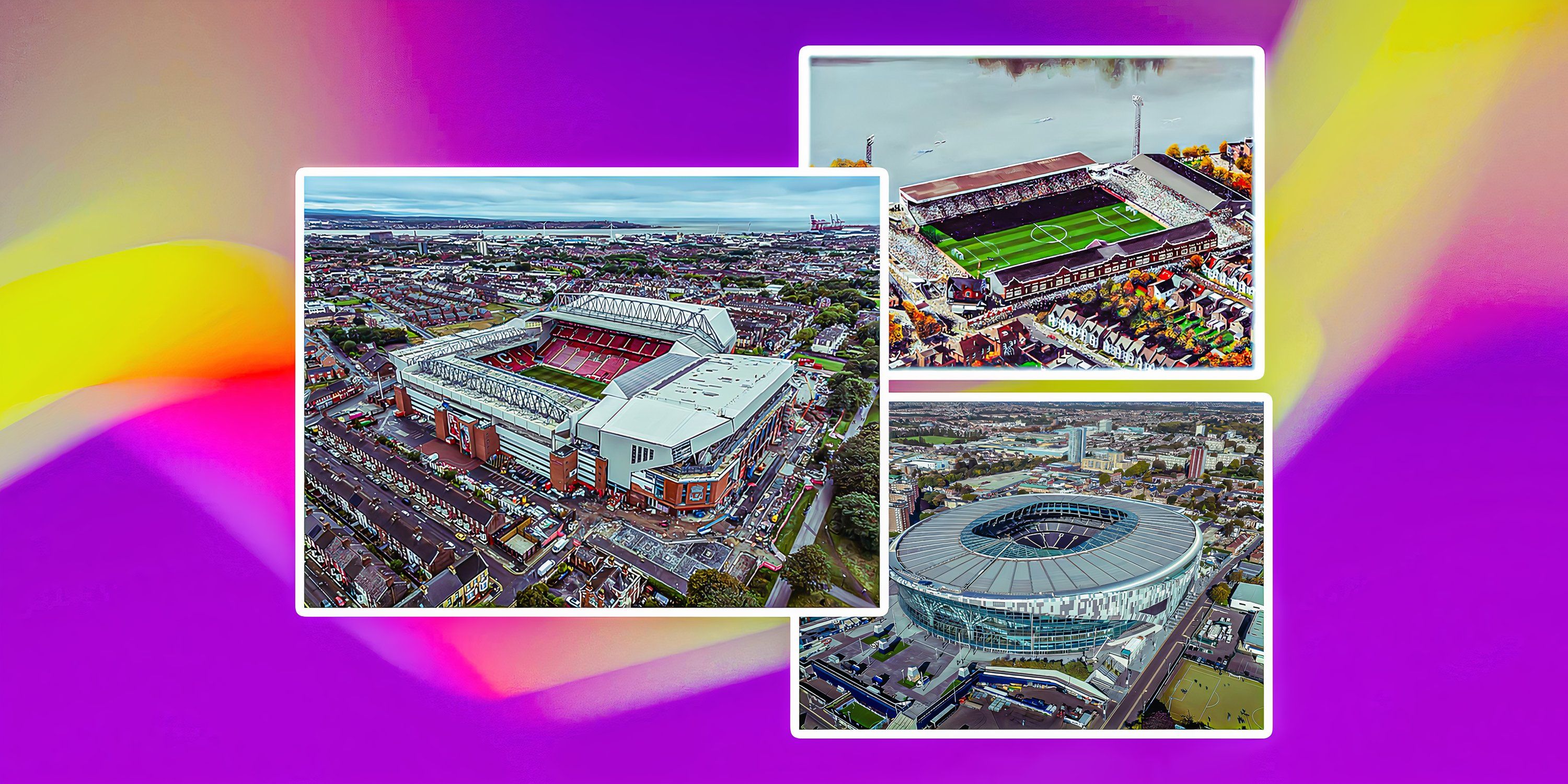 Anfield, Tottenham Hotspur Stadium and Caledonian Stadium in front of a colourful background