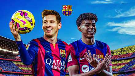 A picture of Lamine Yamal and Lionel Messi both in Barcelona kit with Barcelona theme