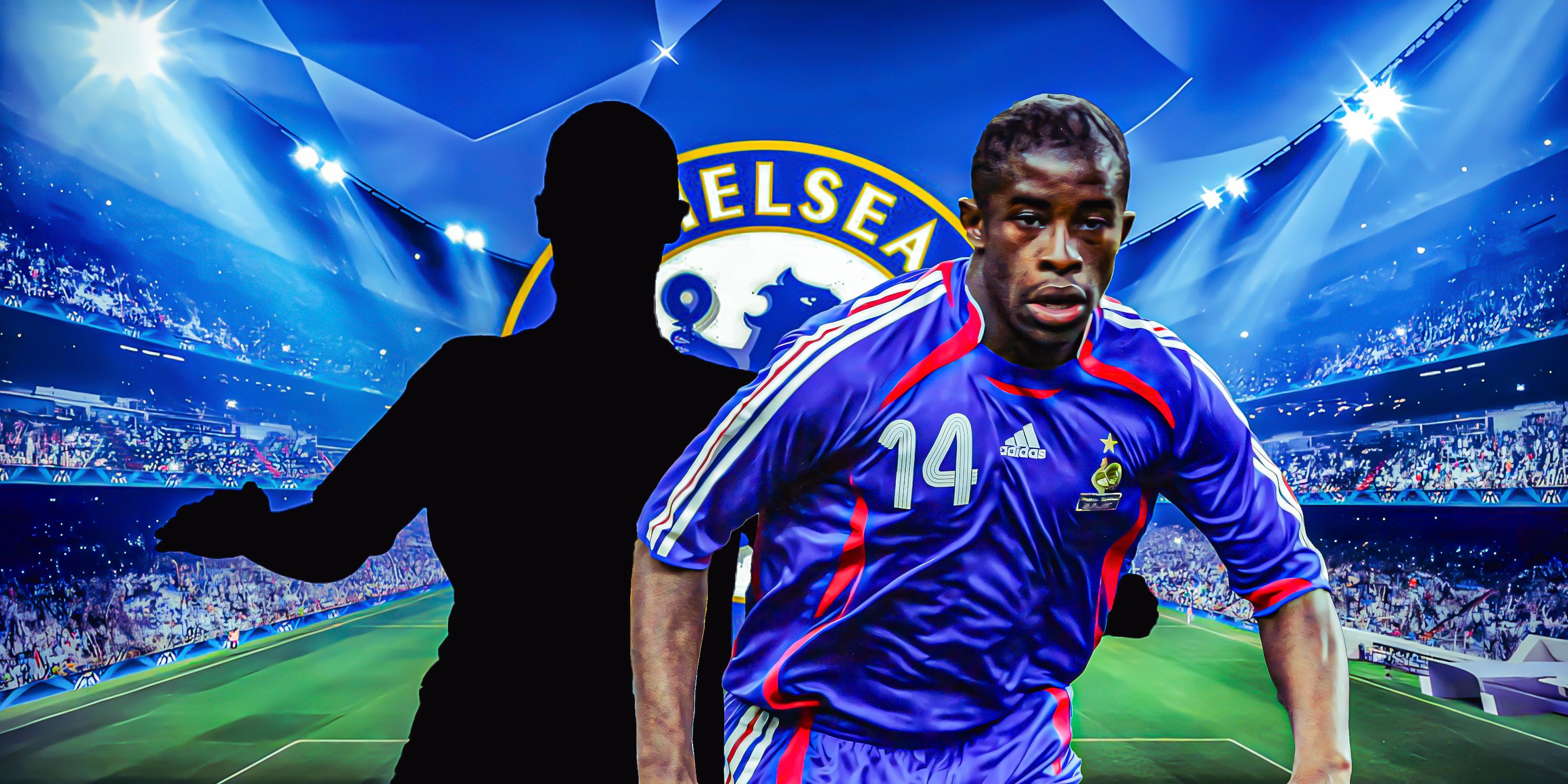 Photo of Rio Mavva with silhouette of Eden Hazard and Chelsea theme background (in the France kit)