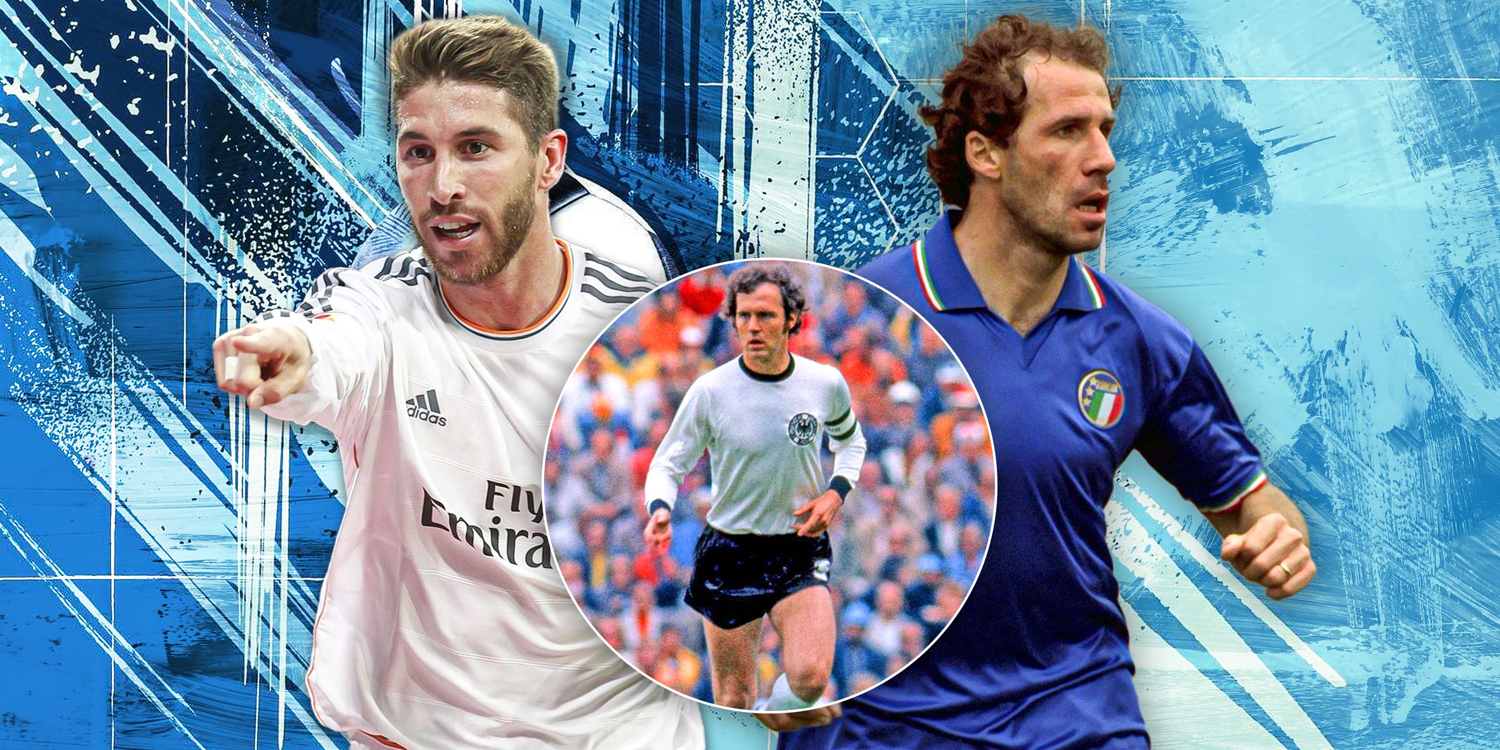 Sergio Ramos, Franz Beckenbauer and Franco Baresi in a collage.