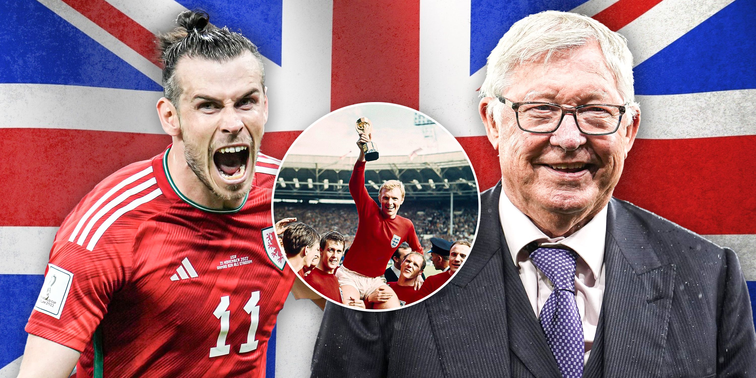 Gareth Bale (Wales kit), Bobby Moore (England with World Cup), and Sir Alex Ferguson, and Union Jack theme