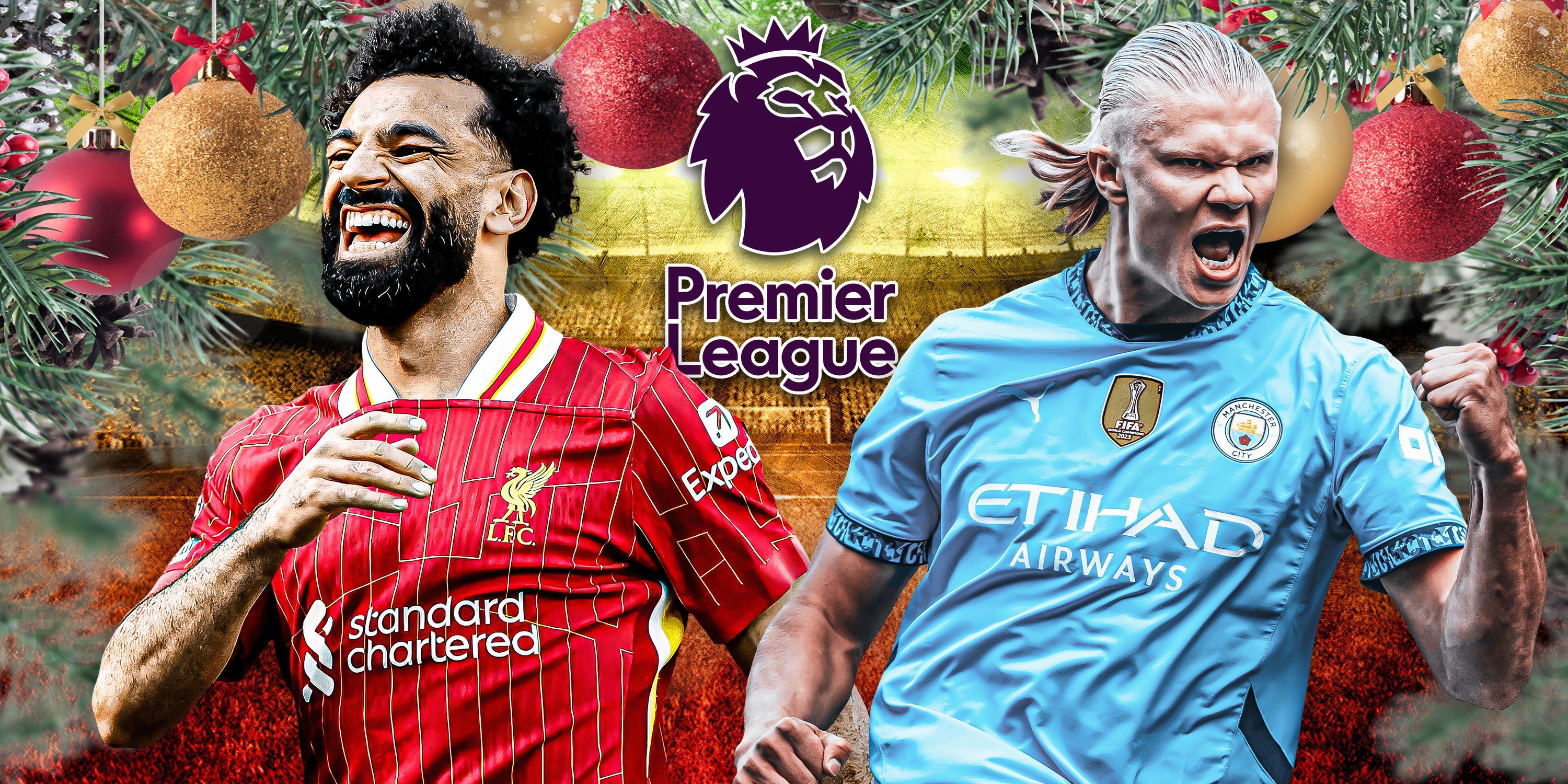 Liverpool's Mohamed Salah & Man City's Erling Haaland with Xmas decorations.