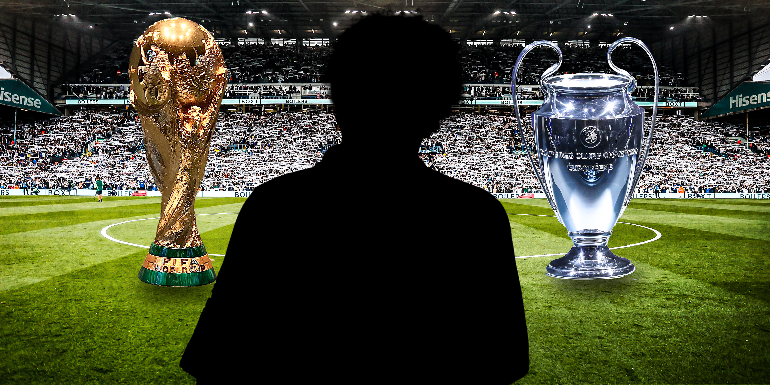 Image of World Cup and Champions League and silhouette of Roque Junior with Elland Road background