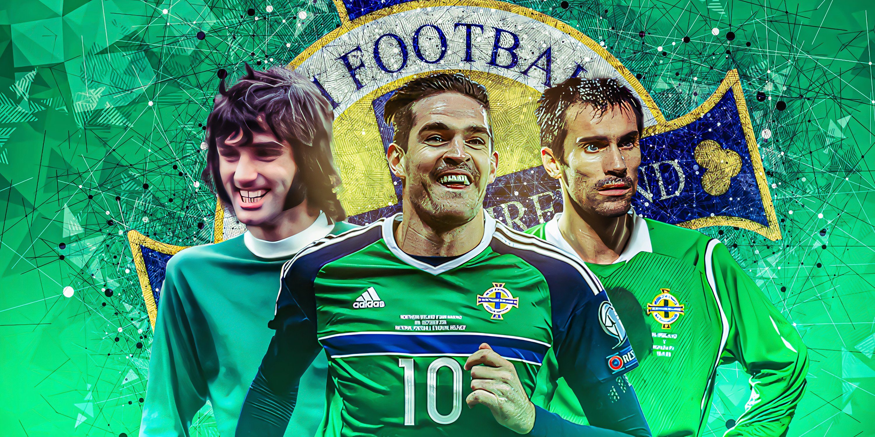 George Best, Keith Gillespie and Kyle Lafferty in front of a Northern Ireland badge