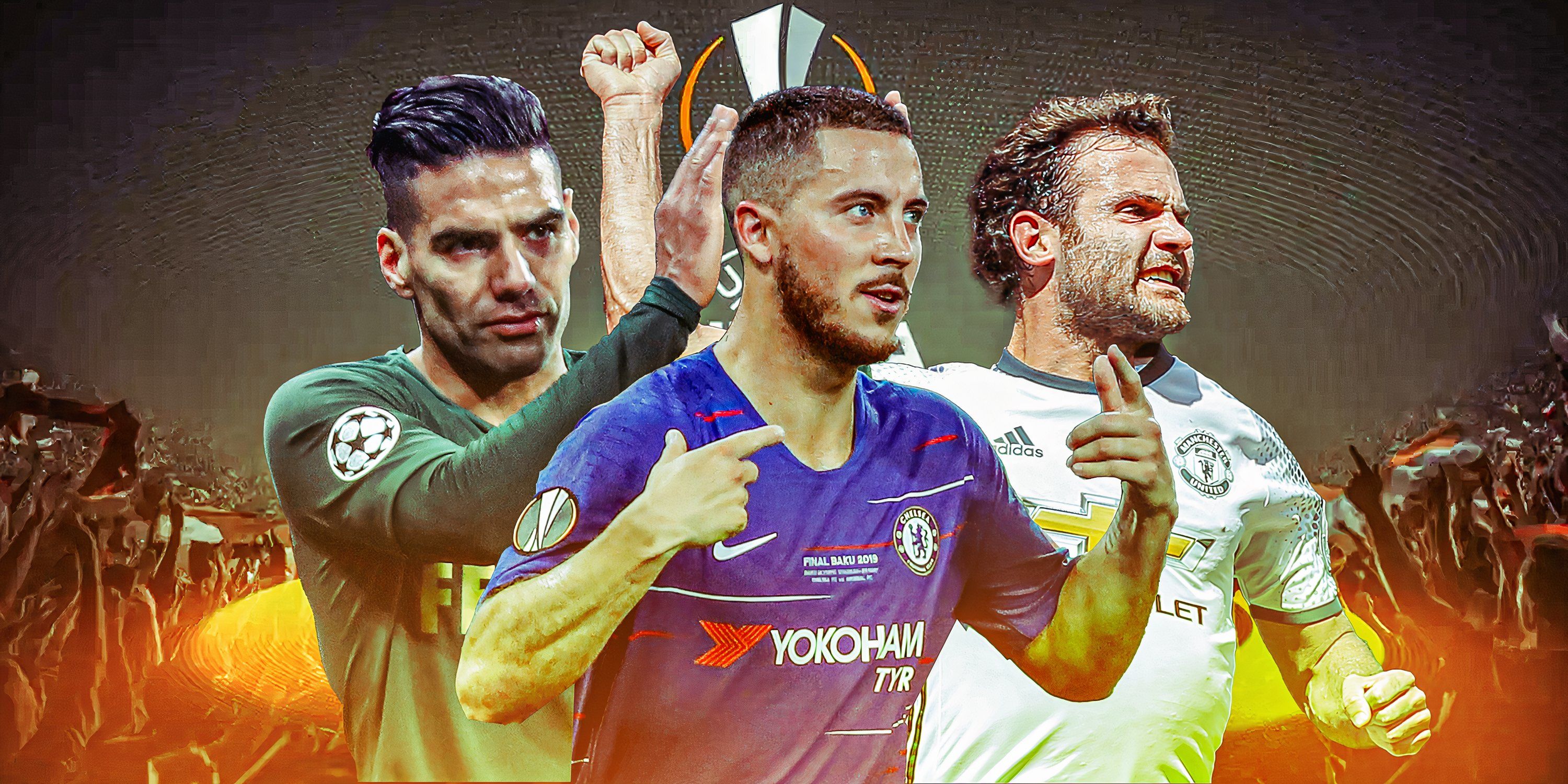 Juan Mata, Eden Hazard and Radamel Falcao in front of the Europa League trophy