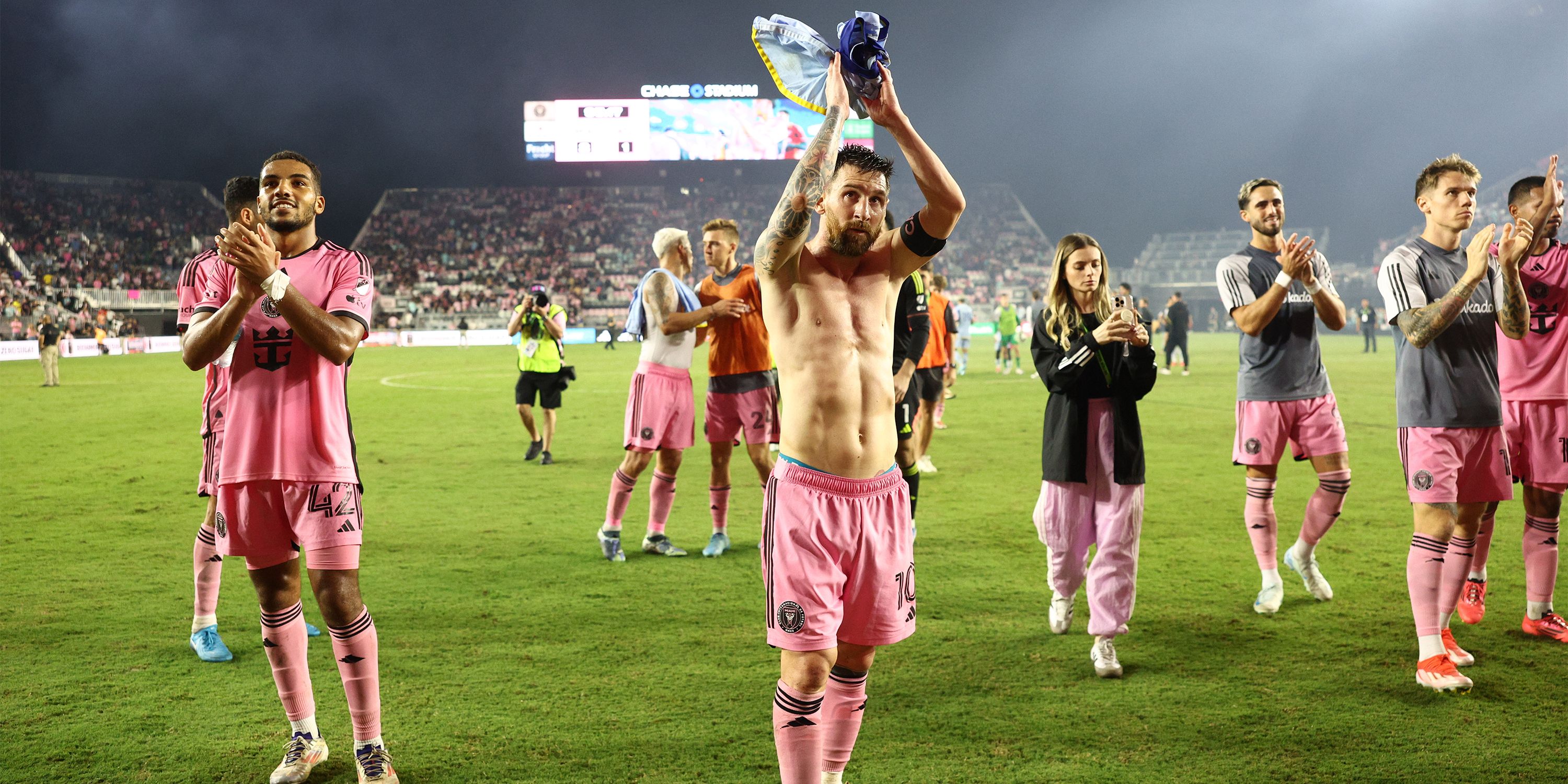 Lionel Messi and Inter Miami applaud after a playoff win over Atlanta United