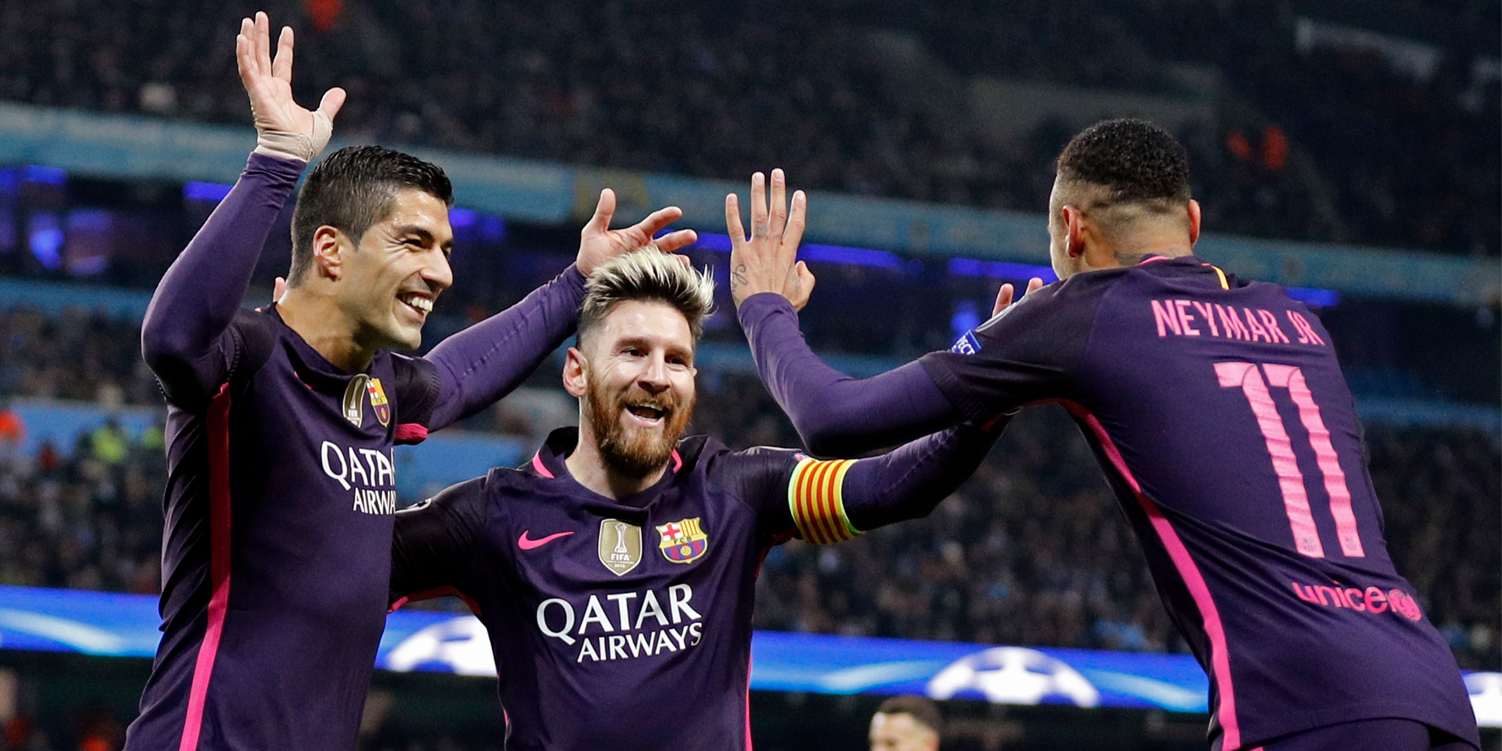 Luis Suárez, Lionel Messi and Neymar celebrate a goal for Barcelona