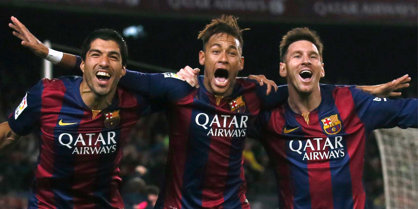 Luis Suárez, Neymar and Lionel Messi celebrate a goal for Barcelona