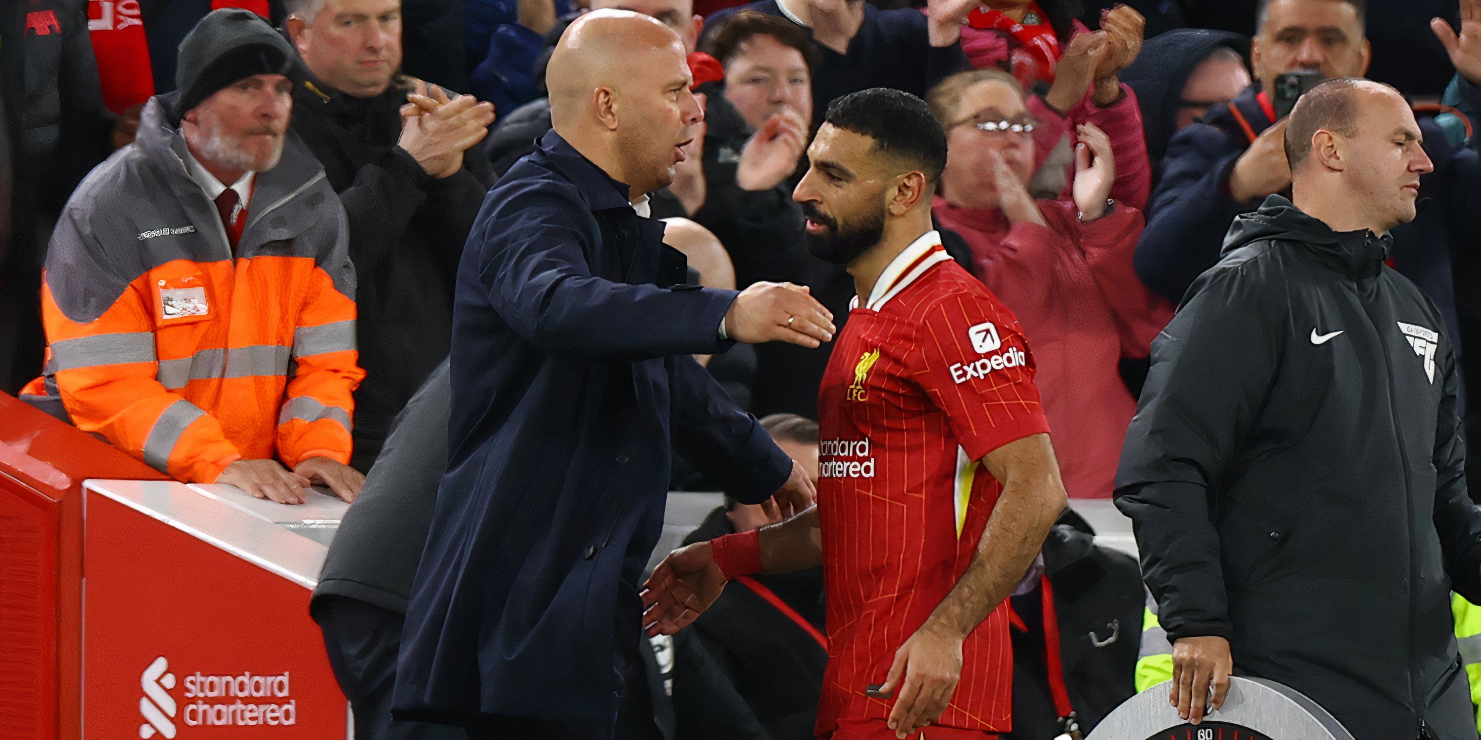 Liverpool's Mohamed Salah with Liverpool manager Arne Slot after being substituted