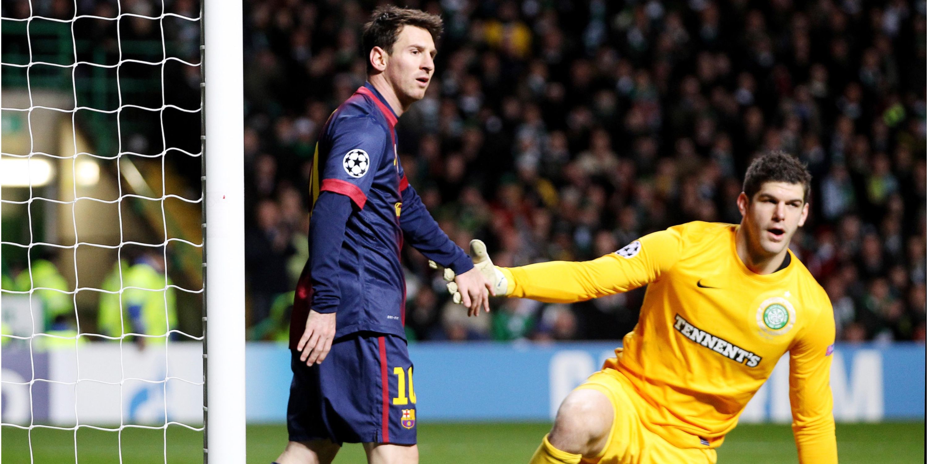 Lionel Messi and Fraser Forster