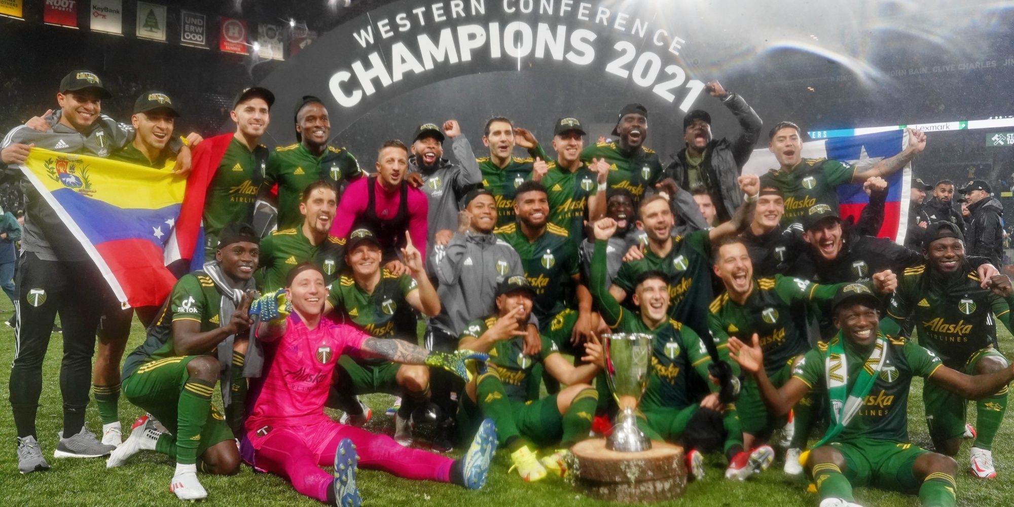 The Portland Timbers celebrate after beating Real Salt Lake the Western Conference Finals of the 2021 MLS Playoffs at Providence Park