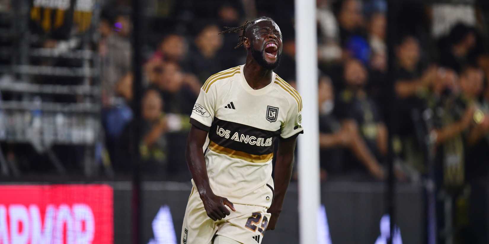 LAFC forward Kei Kamara (23) reacts in the second half against St. Louis CITY SC at BMO Stadium