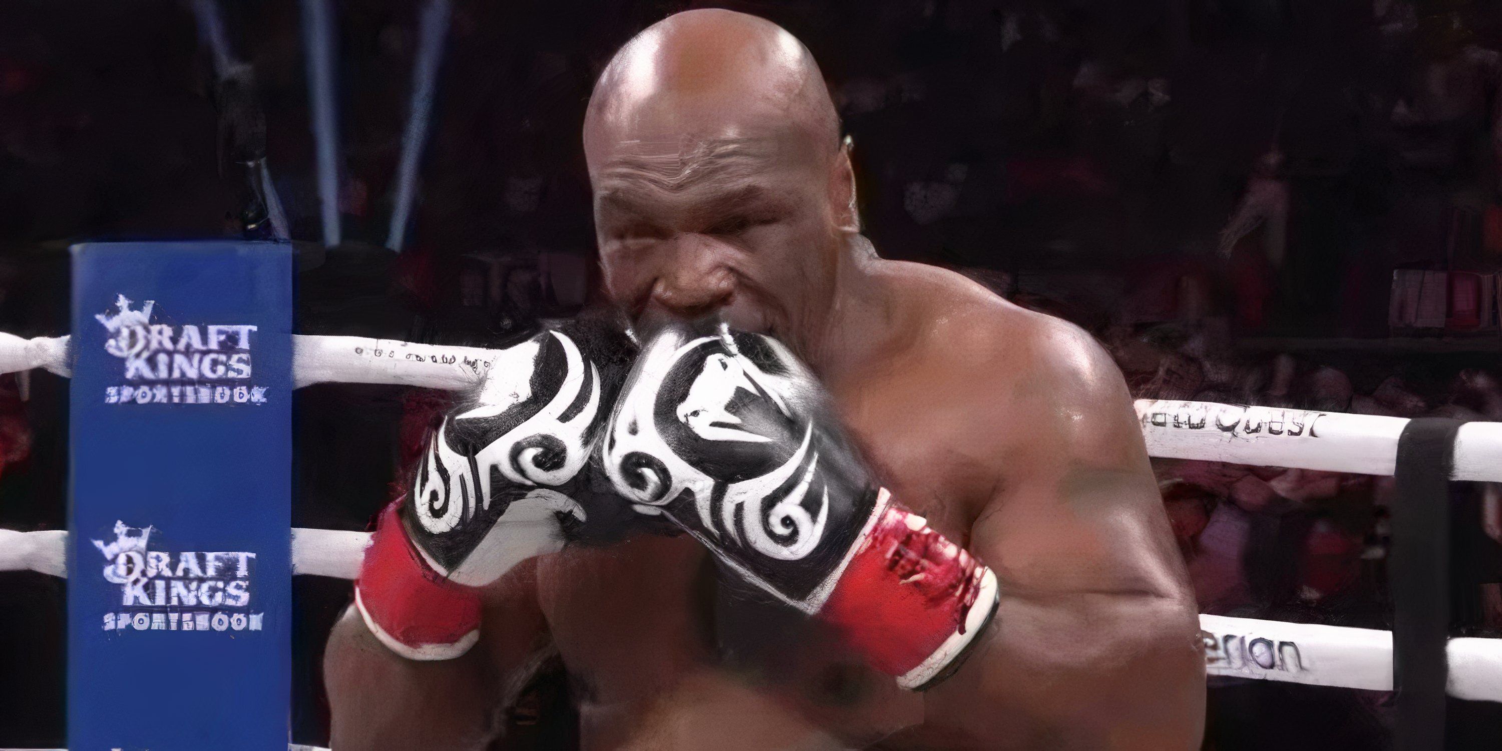 Mike Tyson biting his glove mid-fight