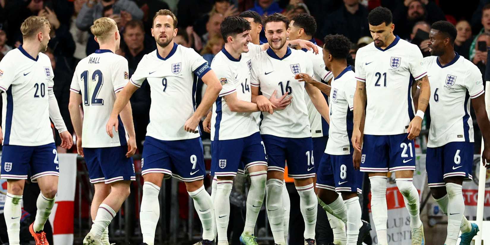 England's Taylor Harwood-Bellis celebrates scoring their fifth goal with teammates