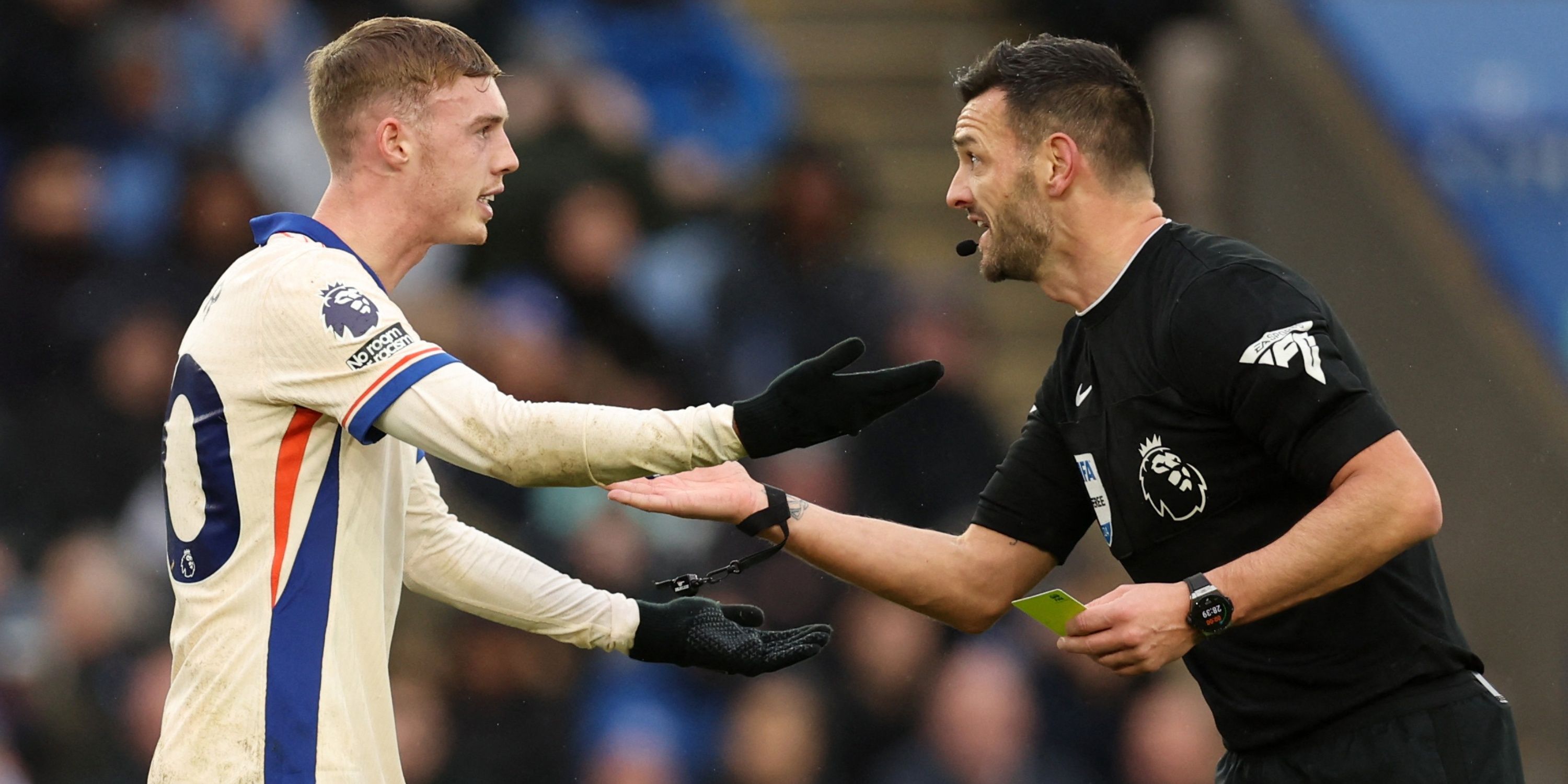 Chelsea's Cole Palmer remonstrates to referee Andy Madley