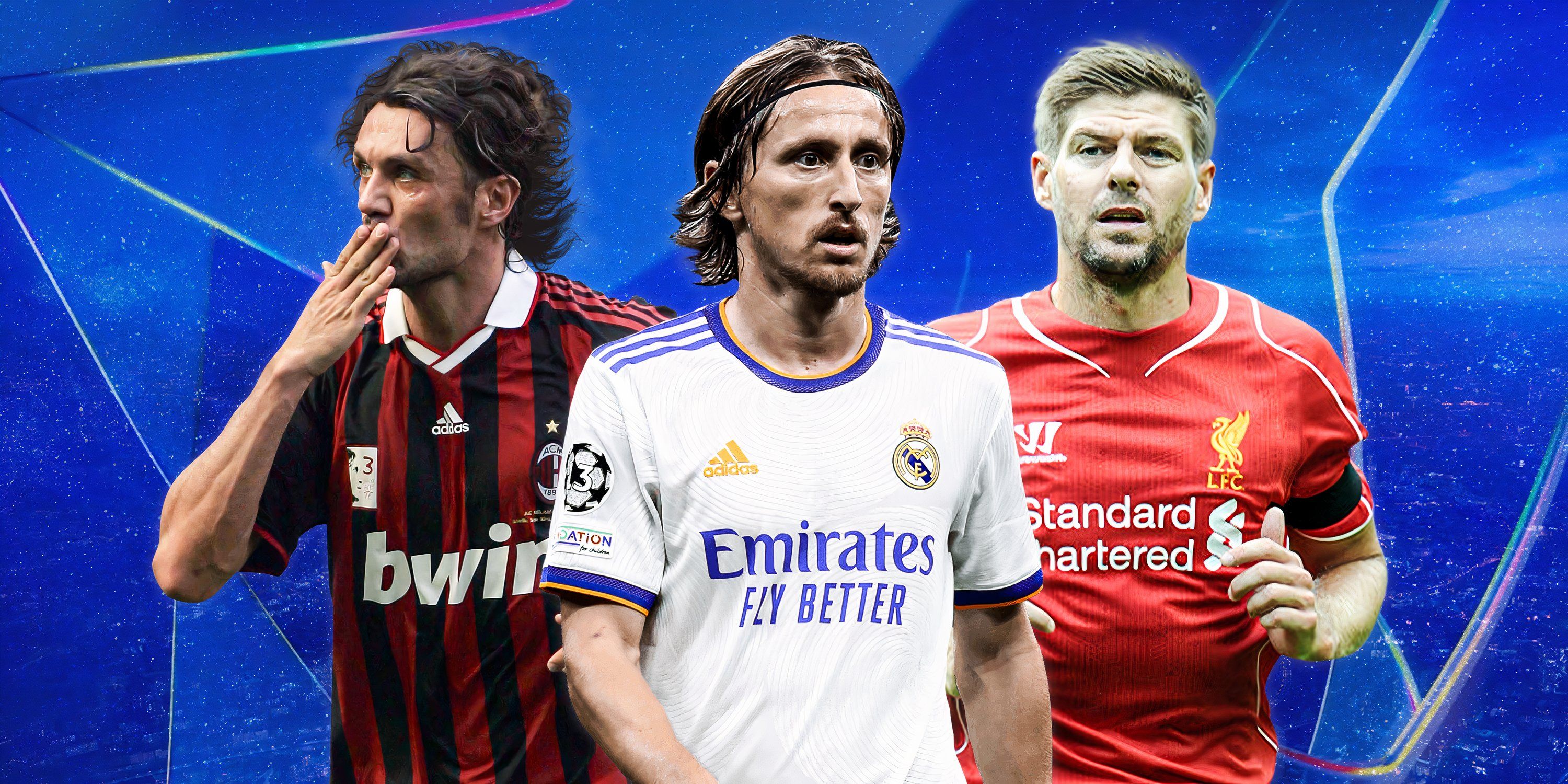 Paolo Maldini, Luca Modric and Steven Gerrard in front of a Champions League background