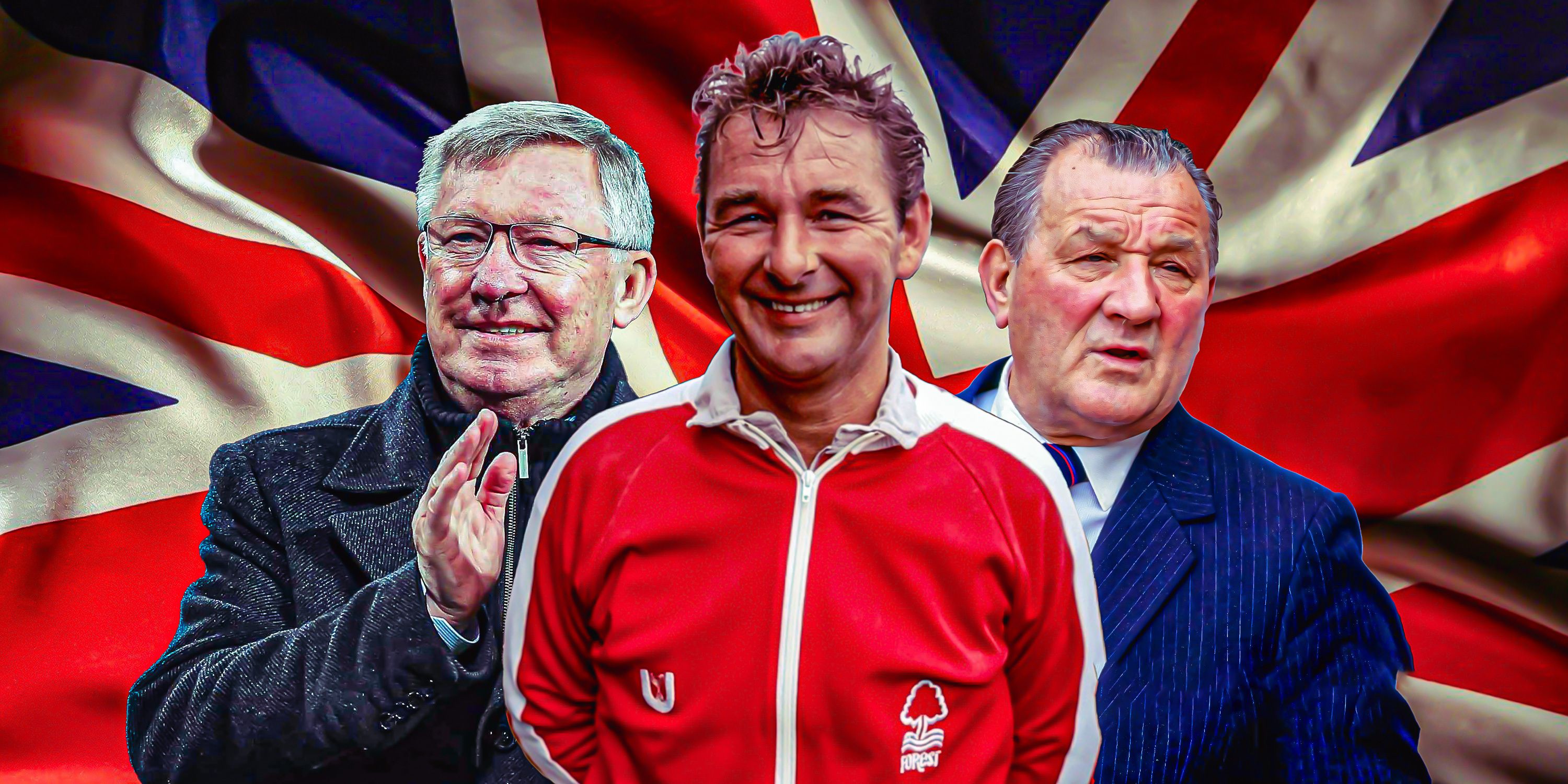 Sir Alex Ferguson, Brian Clough and Bill Shankley in front of a Union Jack