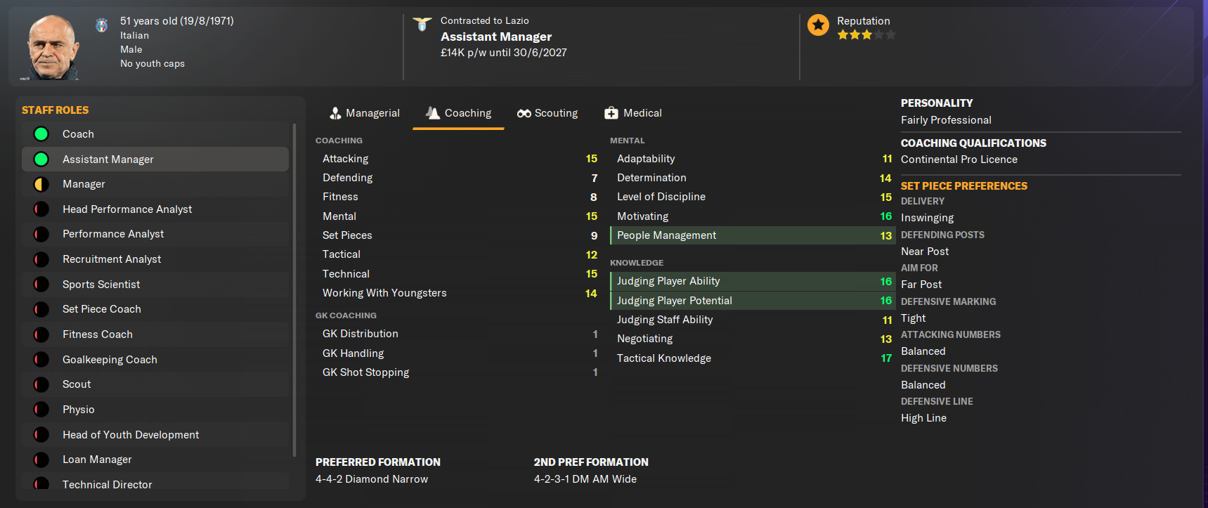 Lazio assistant manager Giovanni Martusciello's profile in Football Manager 2024