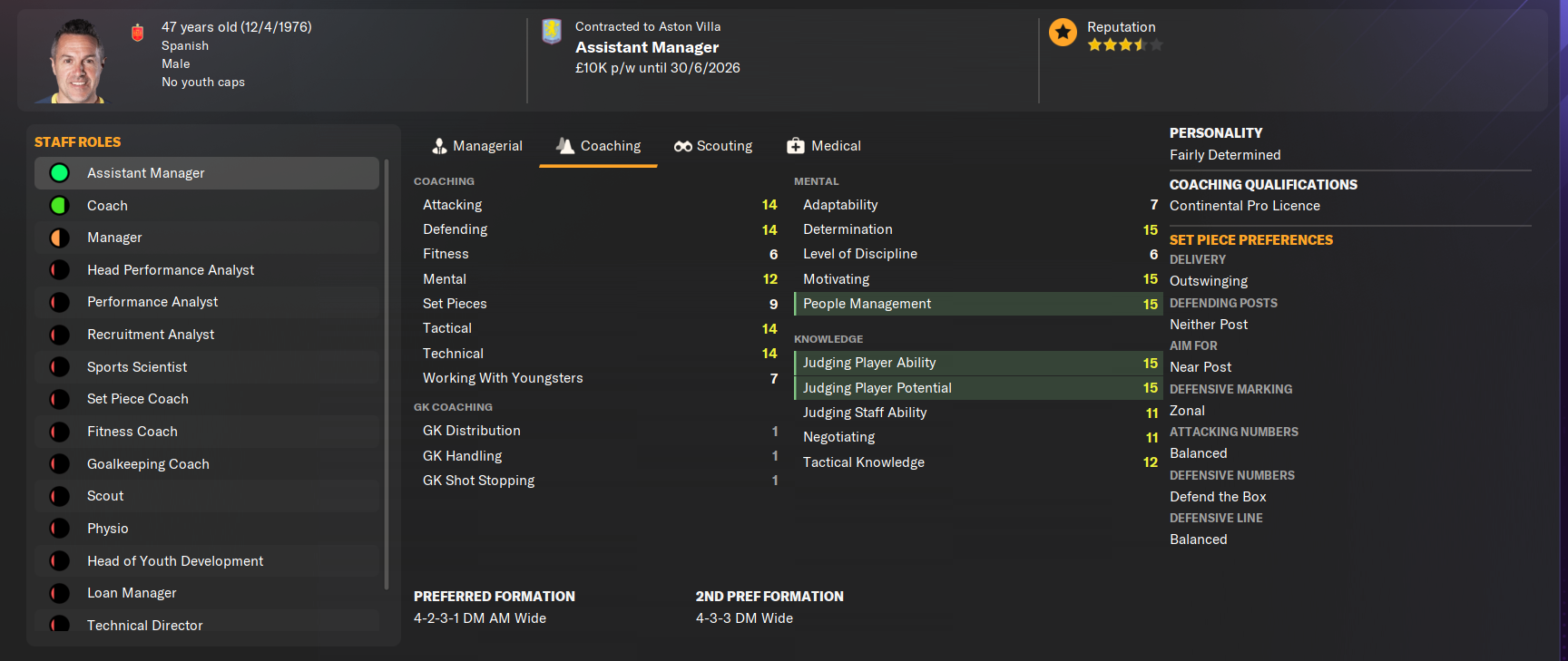 Aston Villa assistant manager Pablo Villa's profile in Football Manager 2024