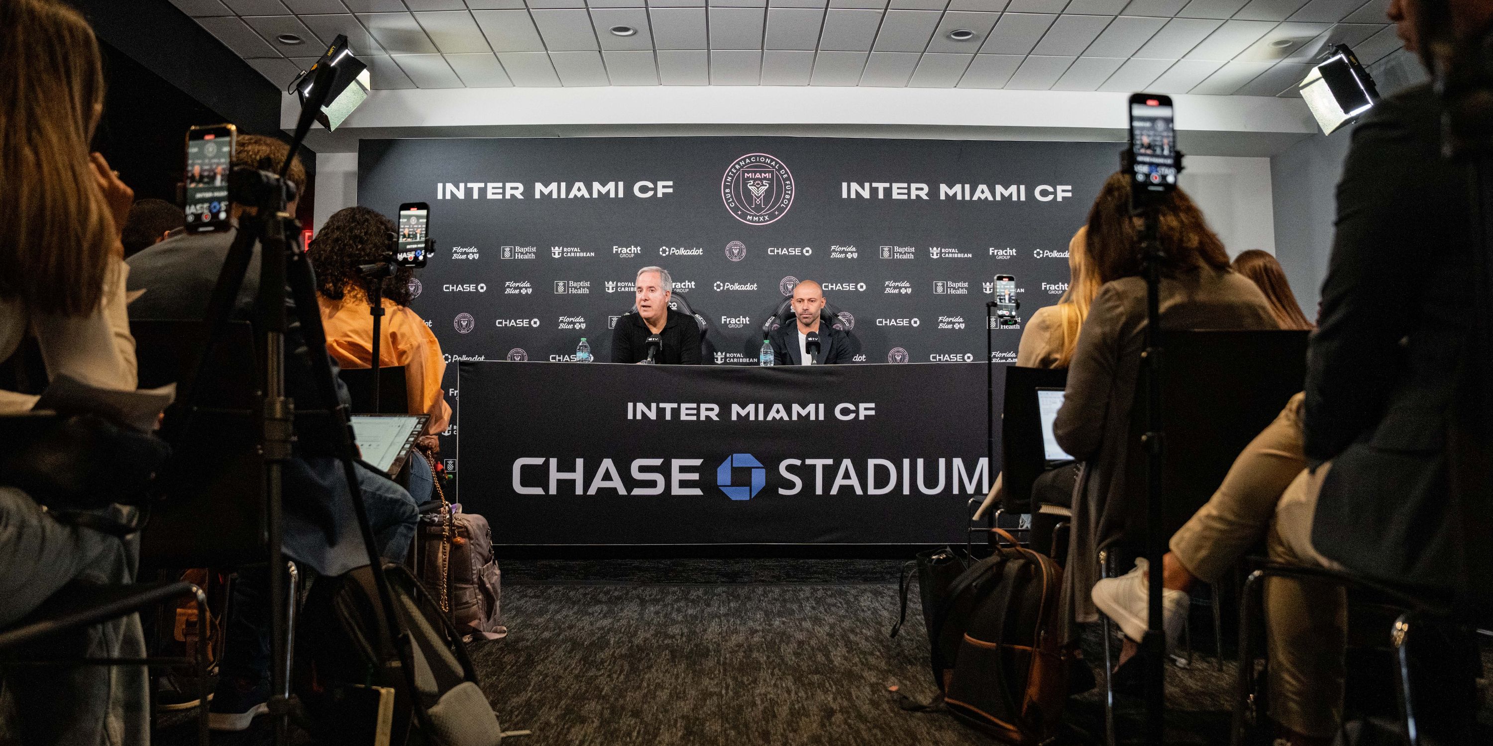 Inter Miami head coach Javier Mascherano and owner Jorge Mas at Mascherano's introductory press conference