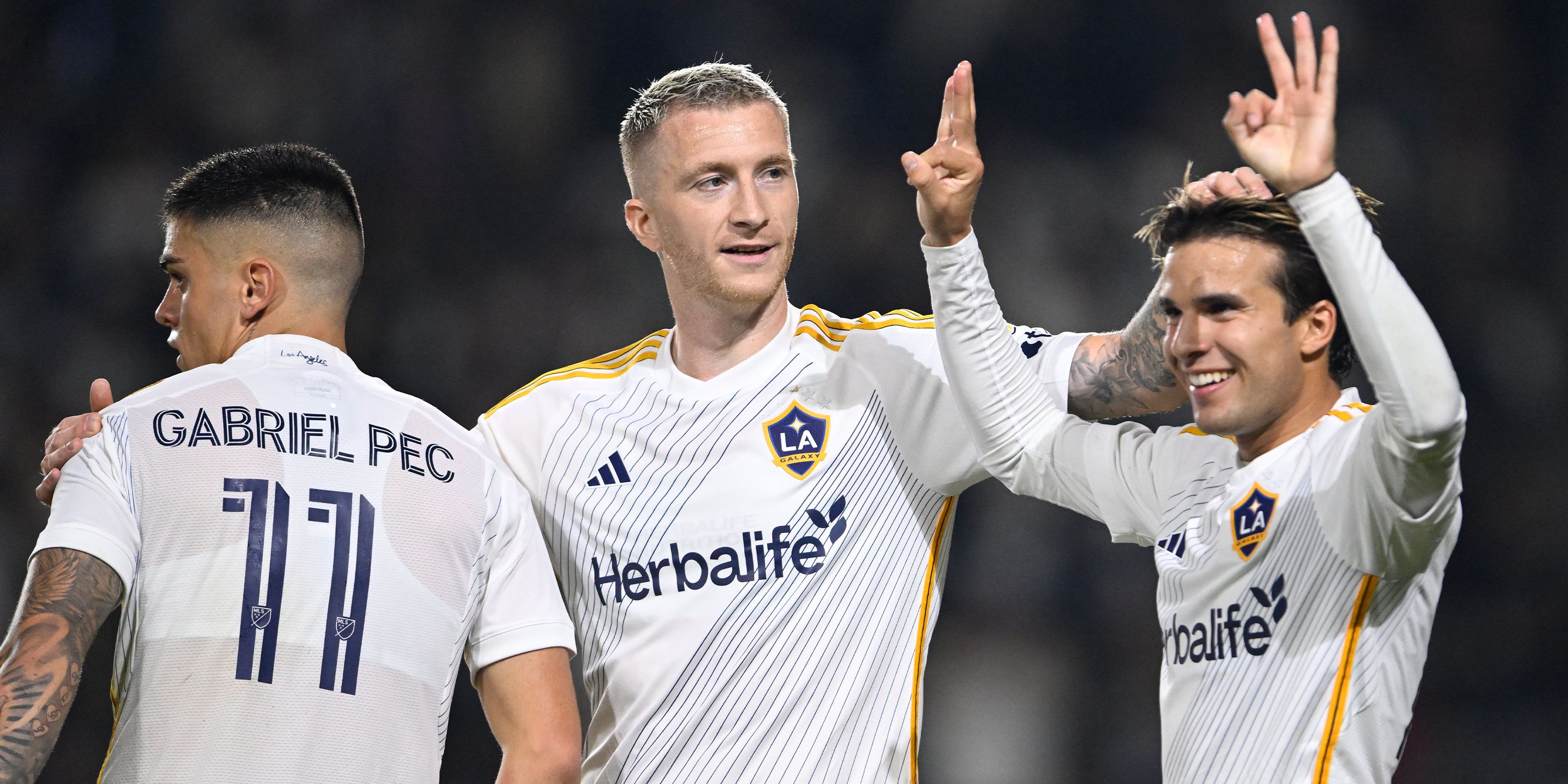 LA Galaxy's Marco Reus, Gabriel Pec and Riqui Puig celebrate a goal