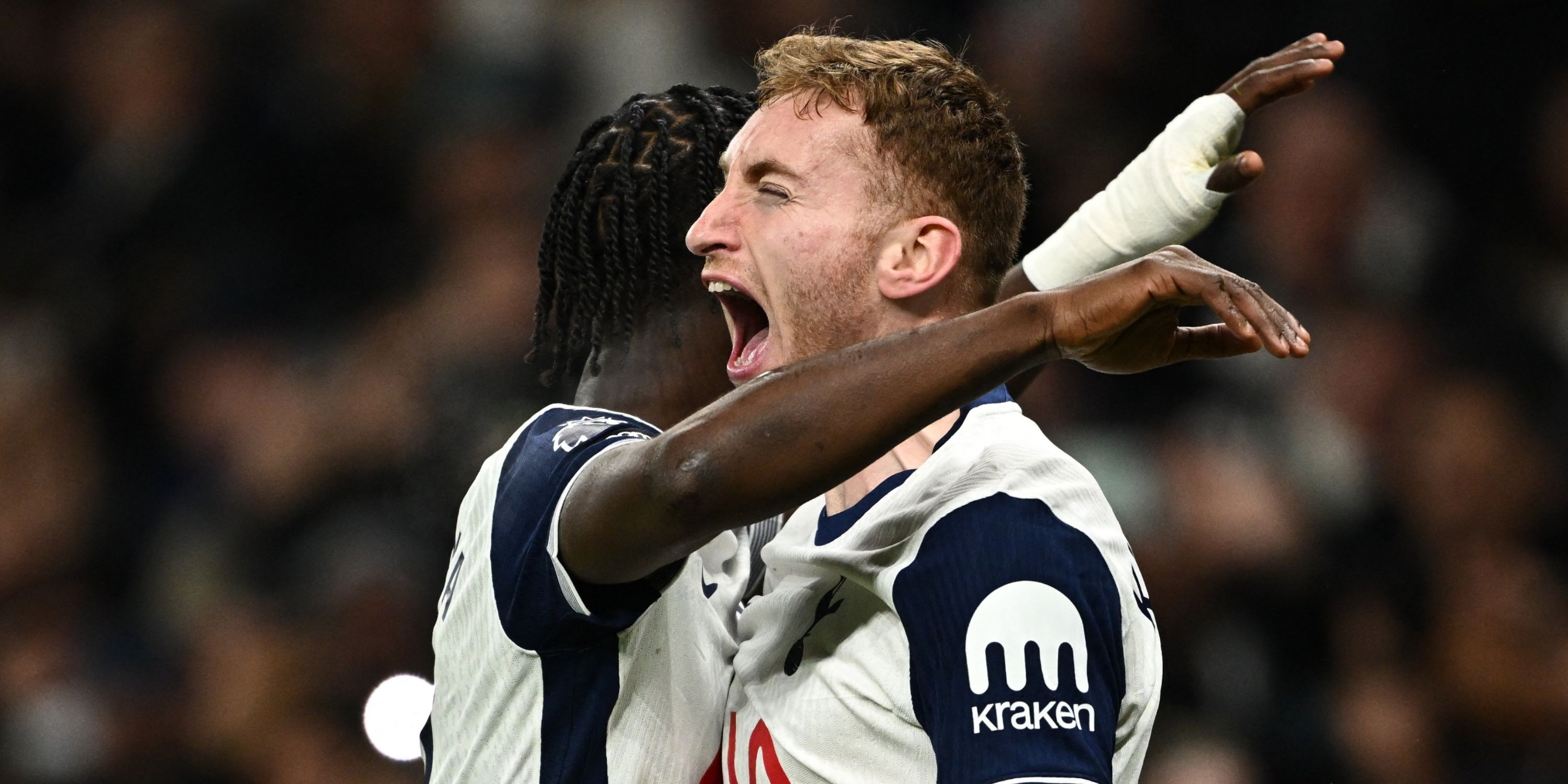 Tottenham's Dejan Kulusevski celebrates.