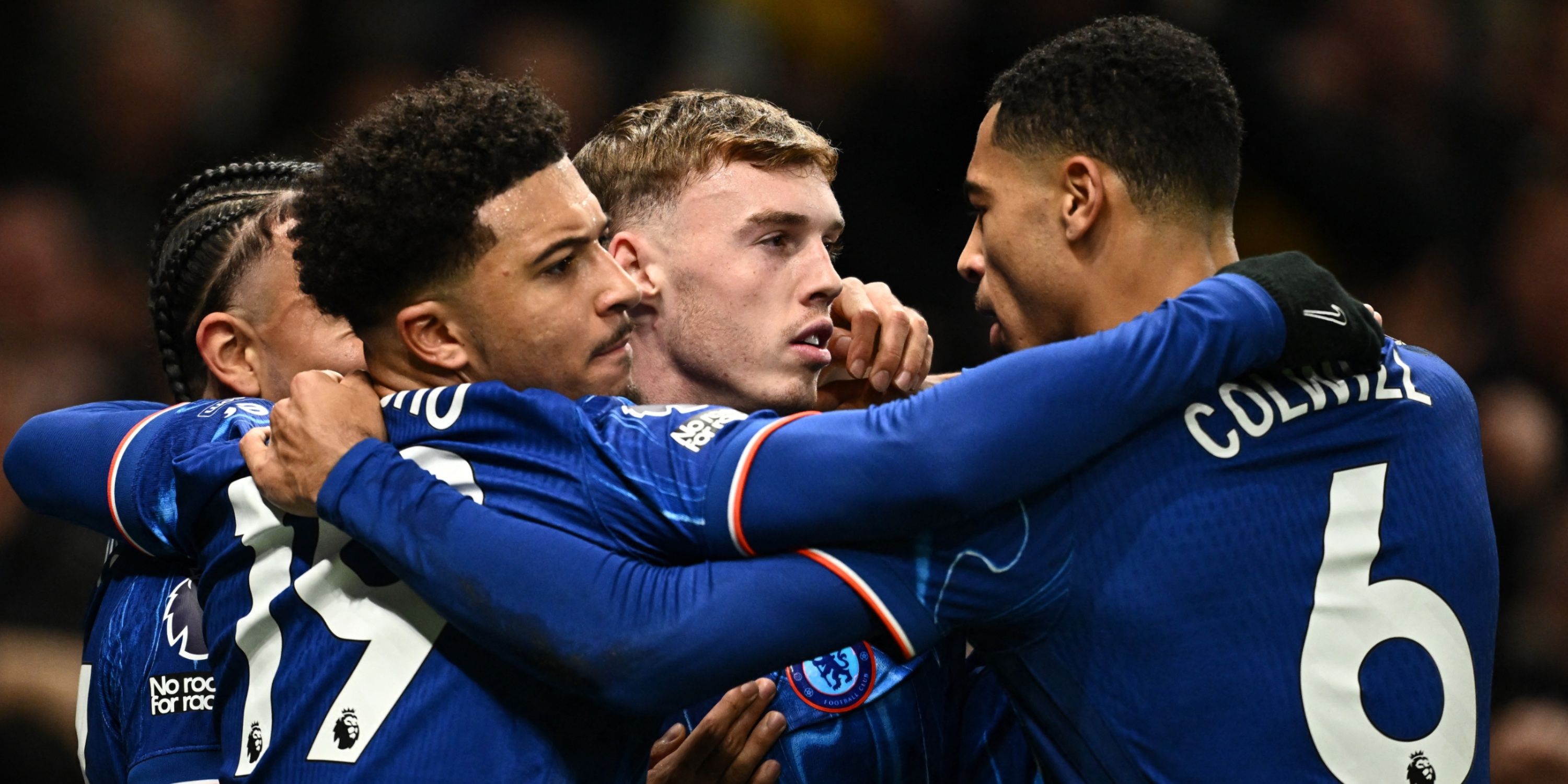 Chelsea celebrate against Tottenham after Cole Palmer's goal.