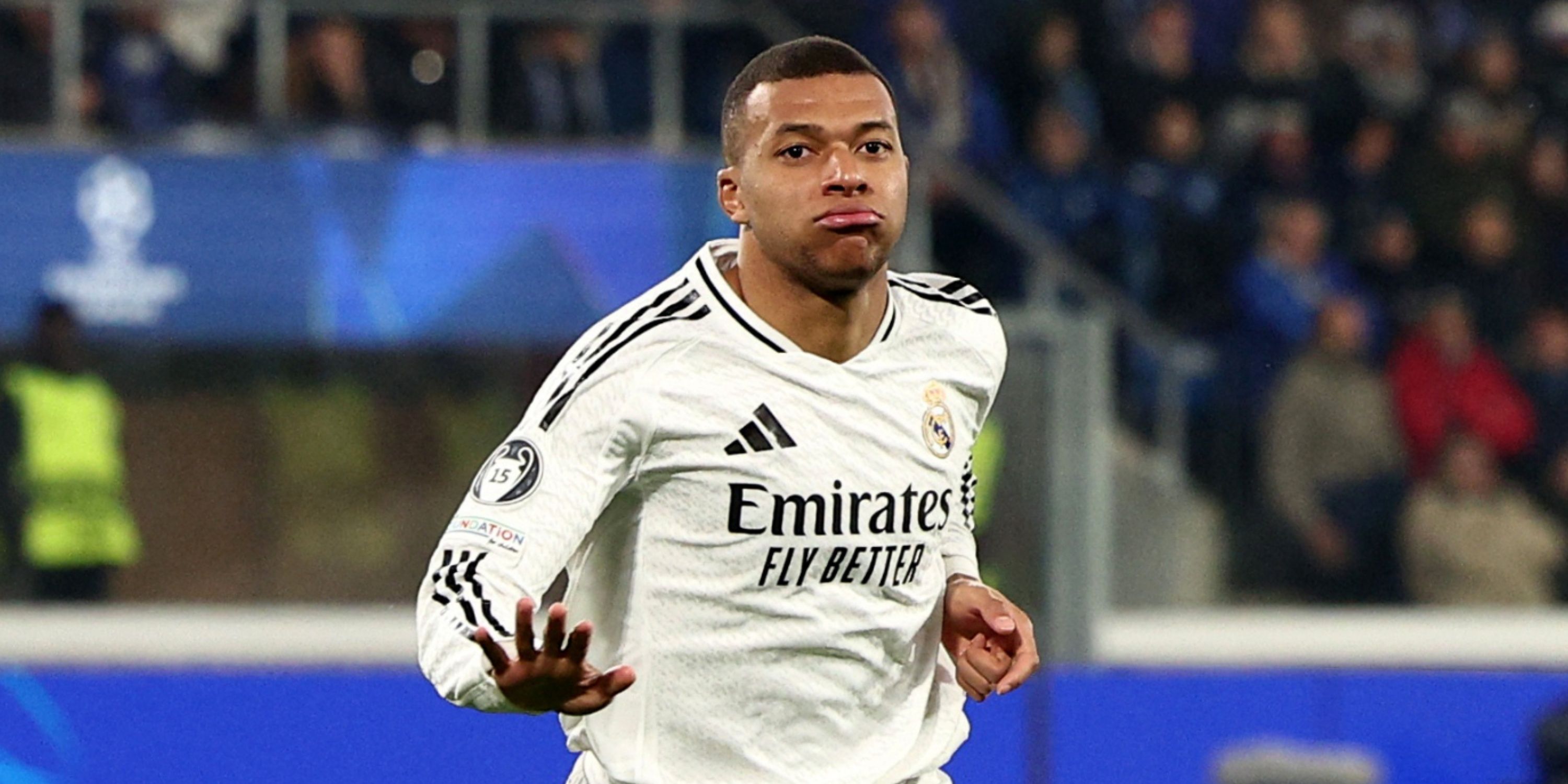 Kylian Mbappe celebrating his 50th Champions League goal
