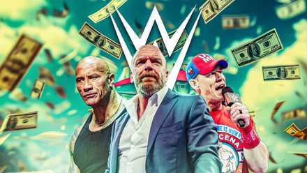 The Rock, Triple H & John Cena with falling dollar bills.