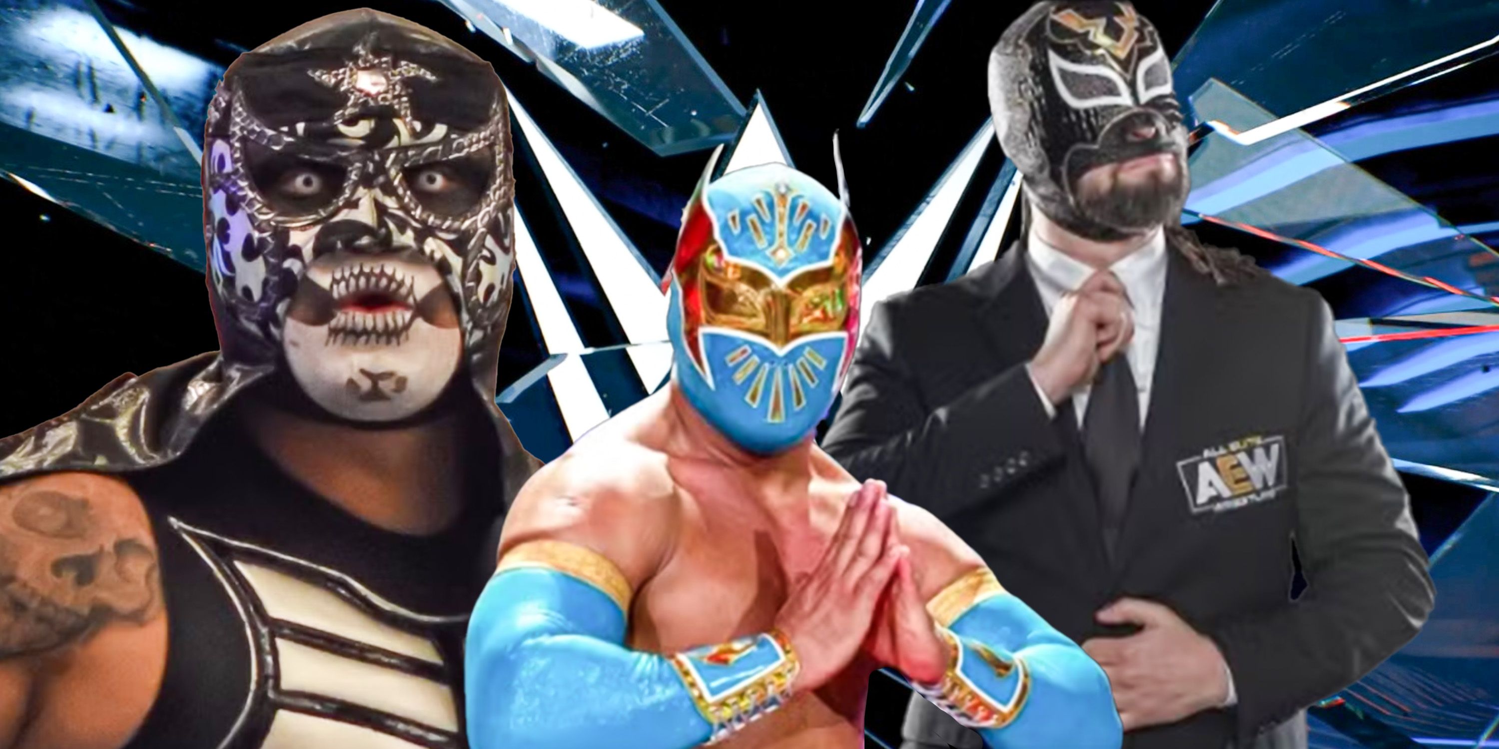 WWE's Sin Cara, AEW's Excalibur and Pentagon Jr in a collage.