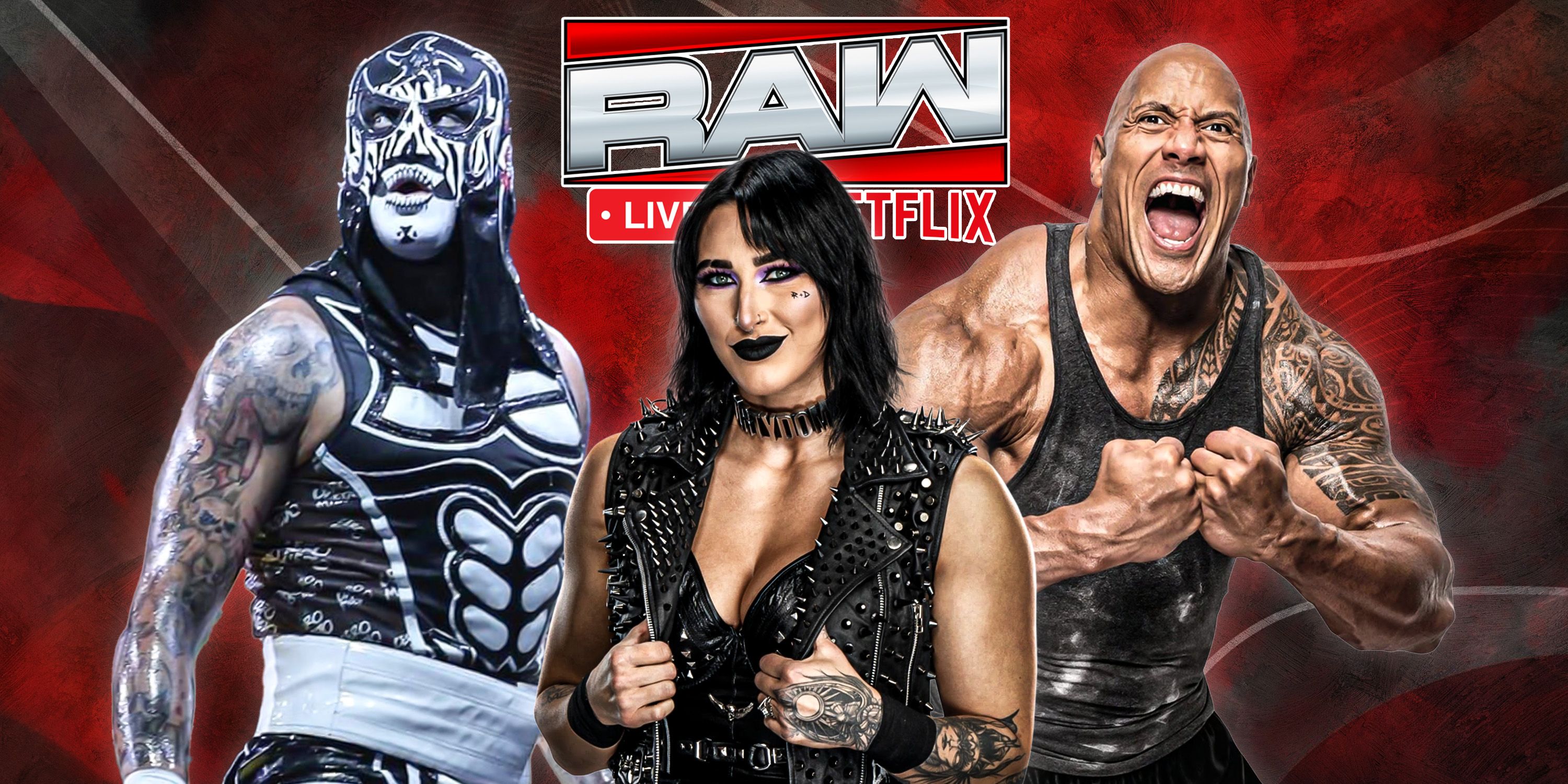 Penta, Rhea Ripley and The Rock with the RAW on Netflix logo.