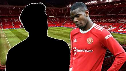 Paul Pogba dejected in Man Utd kit with silhouette of Kinglsey Coman and Old Trafford background