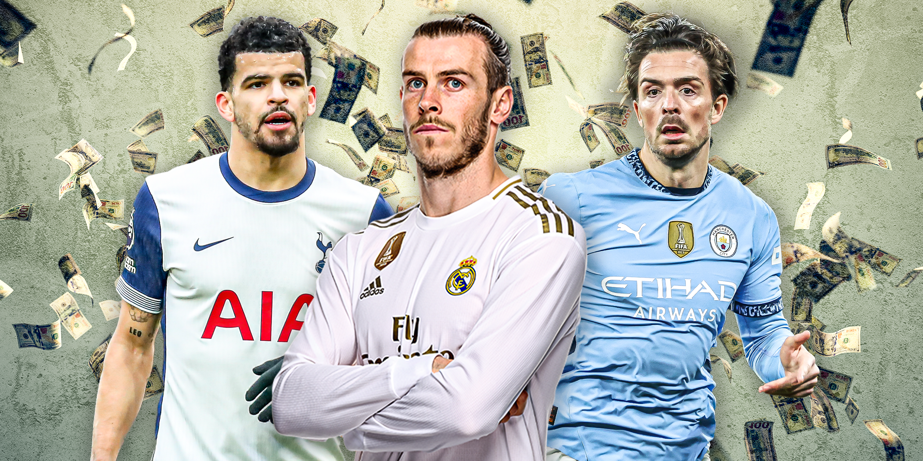 Tottenham's Dominic Solanke, Real Madrid's Gareth Bale and Manchester City's Jack Grealish