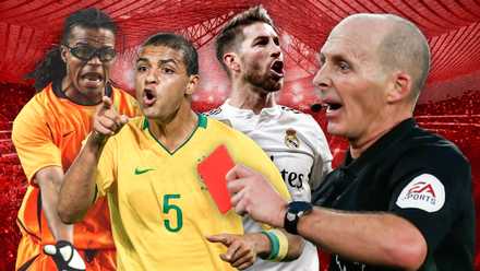 Mike Dean holding a red card and then to one side Sergio Ramos (real madrid), Edgar Davids (netherlands), Felipe Melo (brazil) -