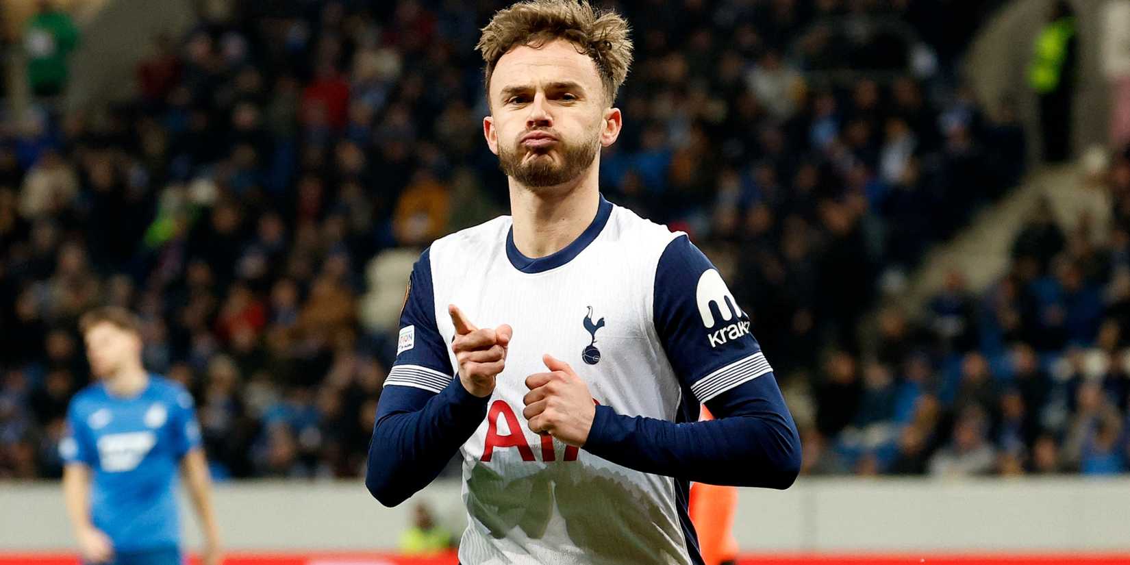 James Maddison celebrates scoring in the UEFA Europa League for Tottenham