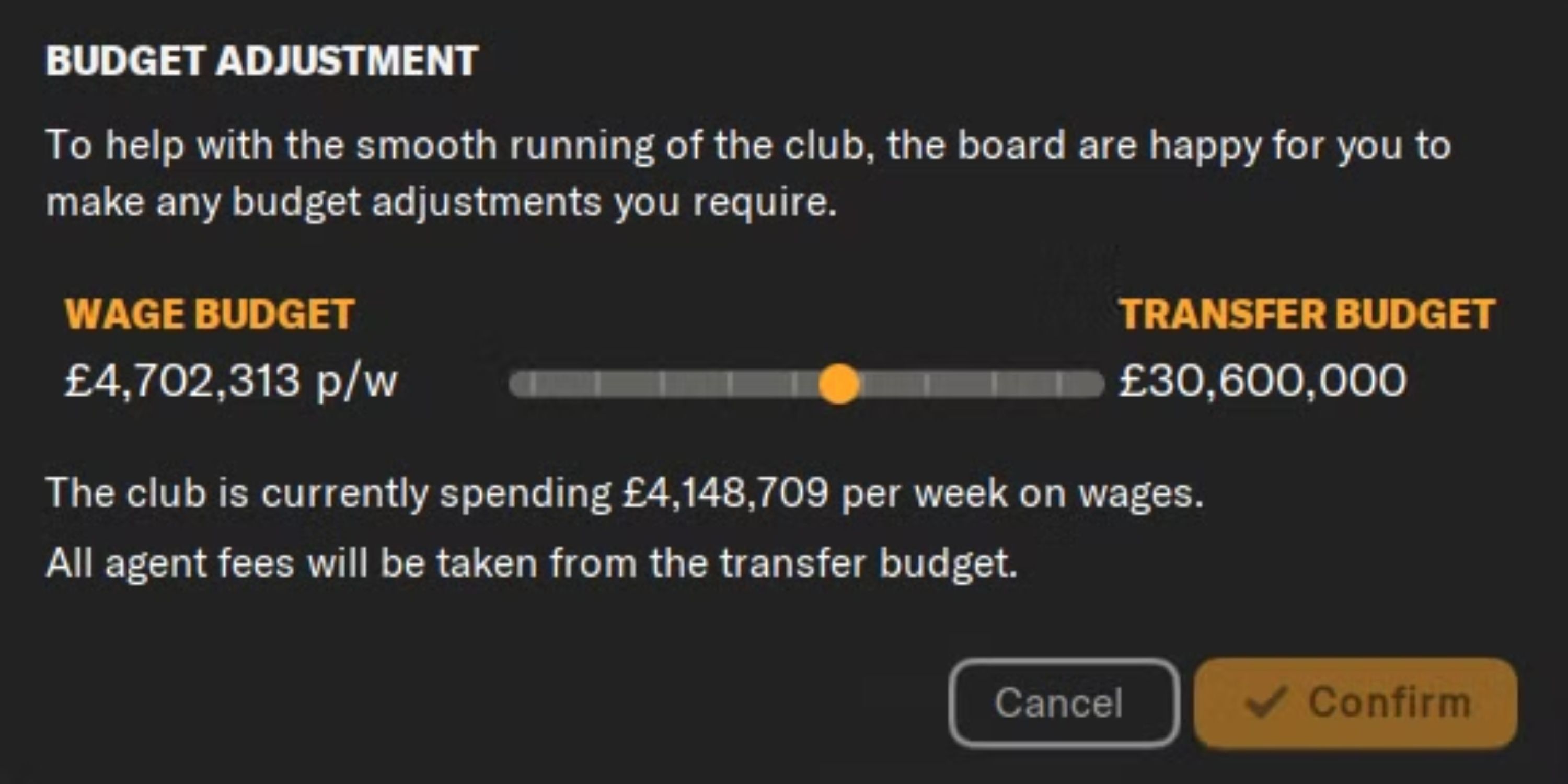 Screenshot from Football Manager 2024 showing budget adjustment screen