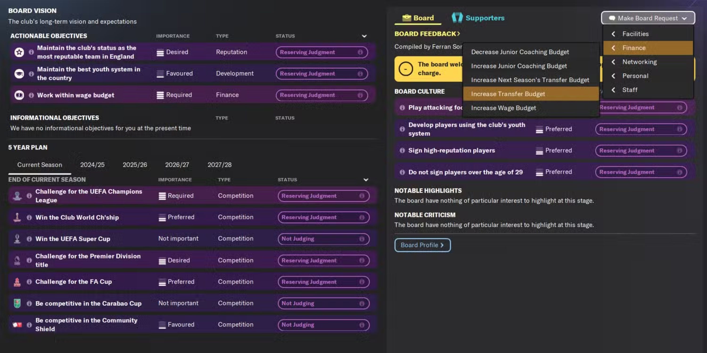 Screenshot from Football Manager 2024 showing how to request an increase in transfer budget from the board